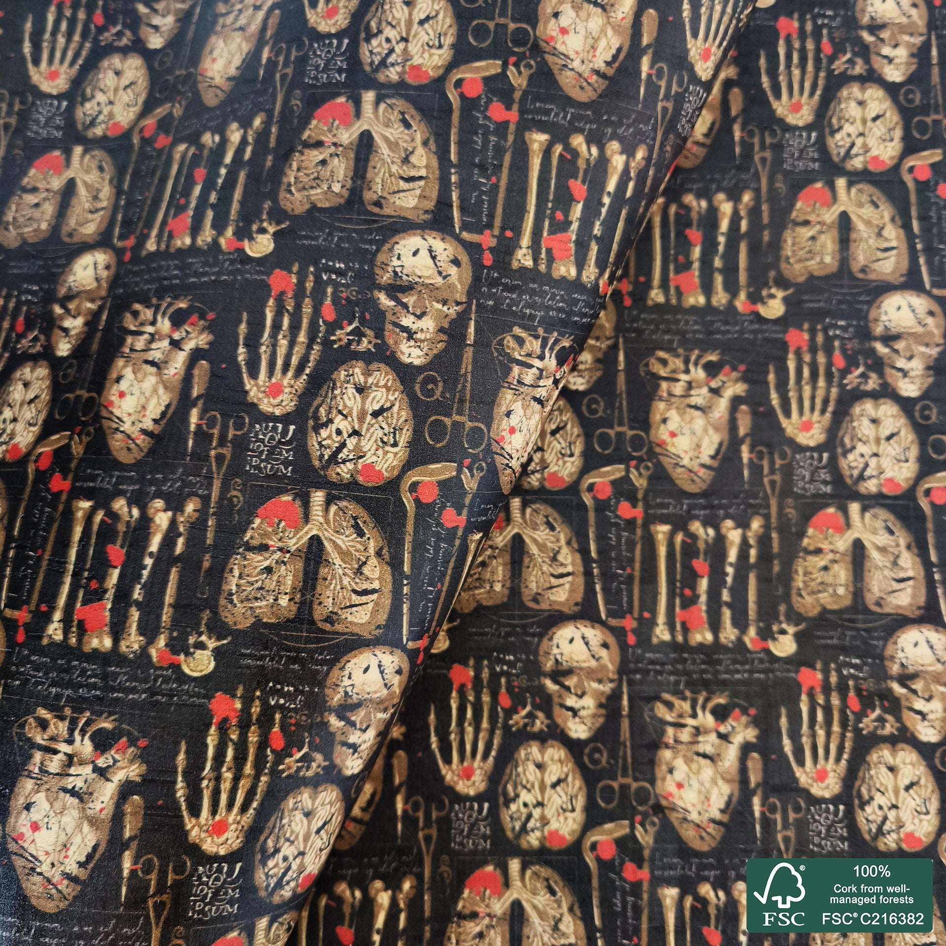 Anatomy printed pattern on white cork fabric (560)
