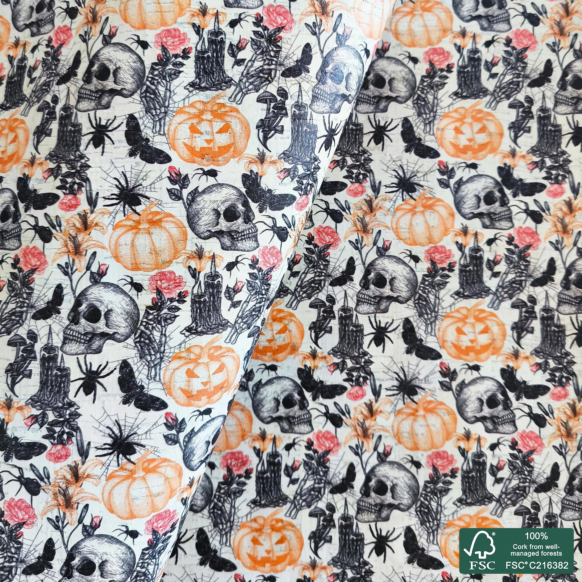 Halloween printed pattern on white cork fabric (561)
