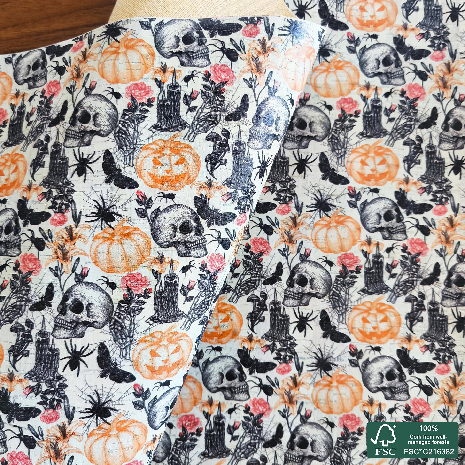 Halloween printed pattern on white cork fabric (561)
