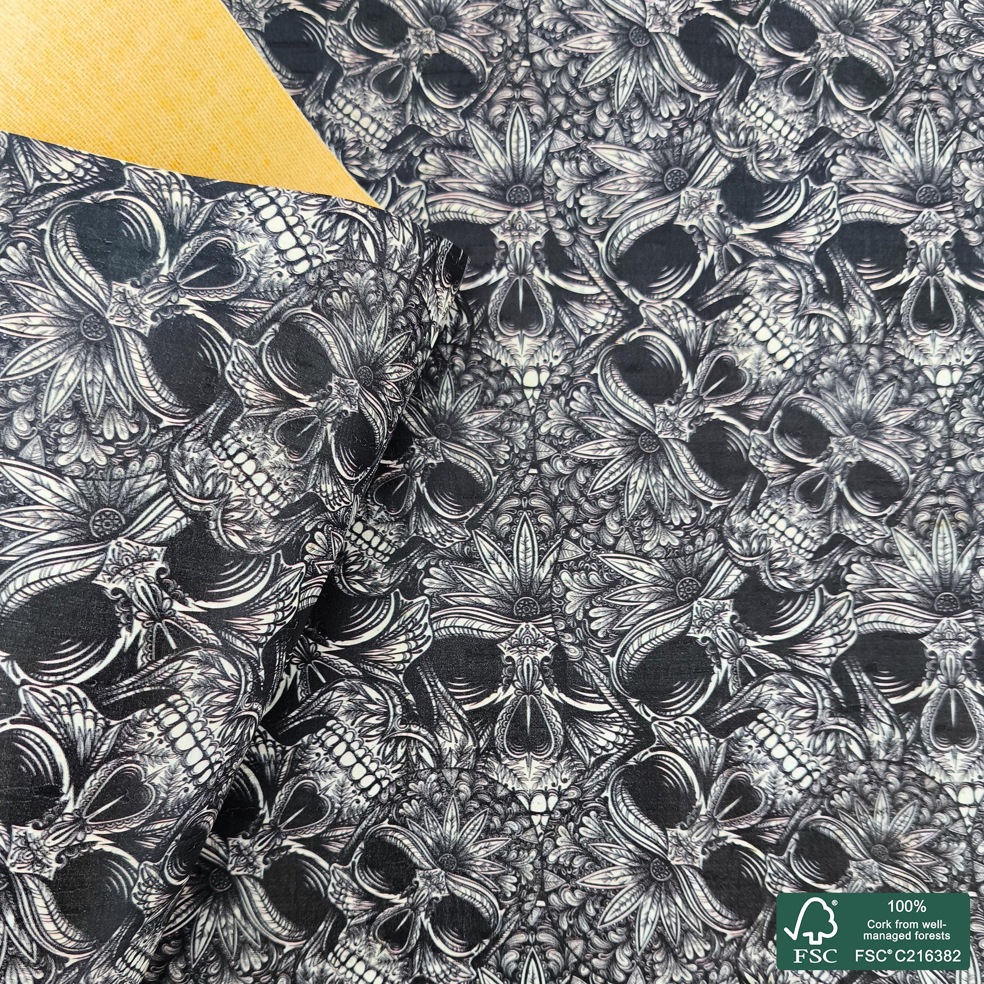 Skulls printed pattern on white cork fabric (562)