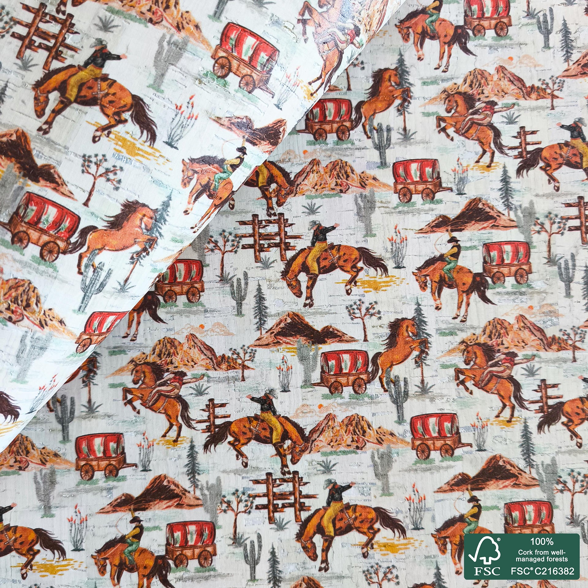 Horses printed pattern on white cork fabric (563)