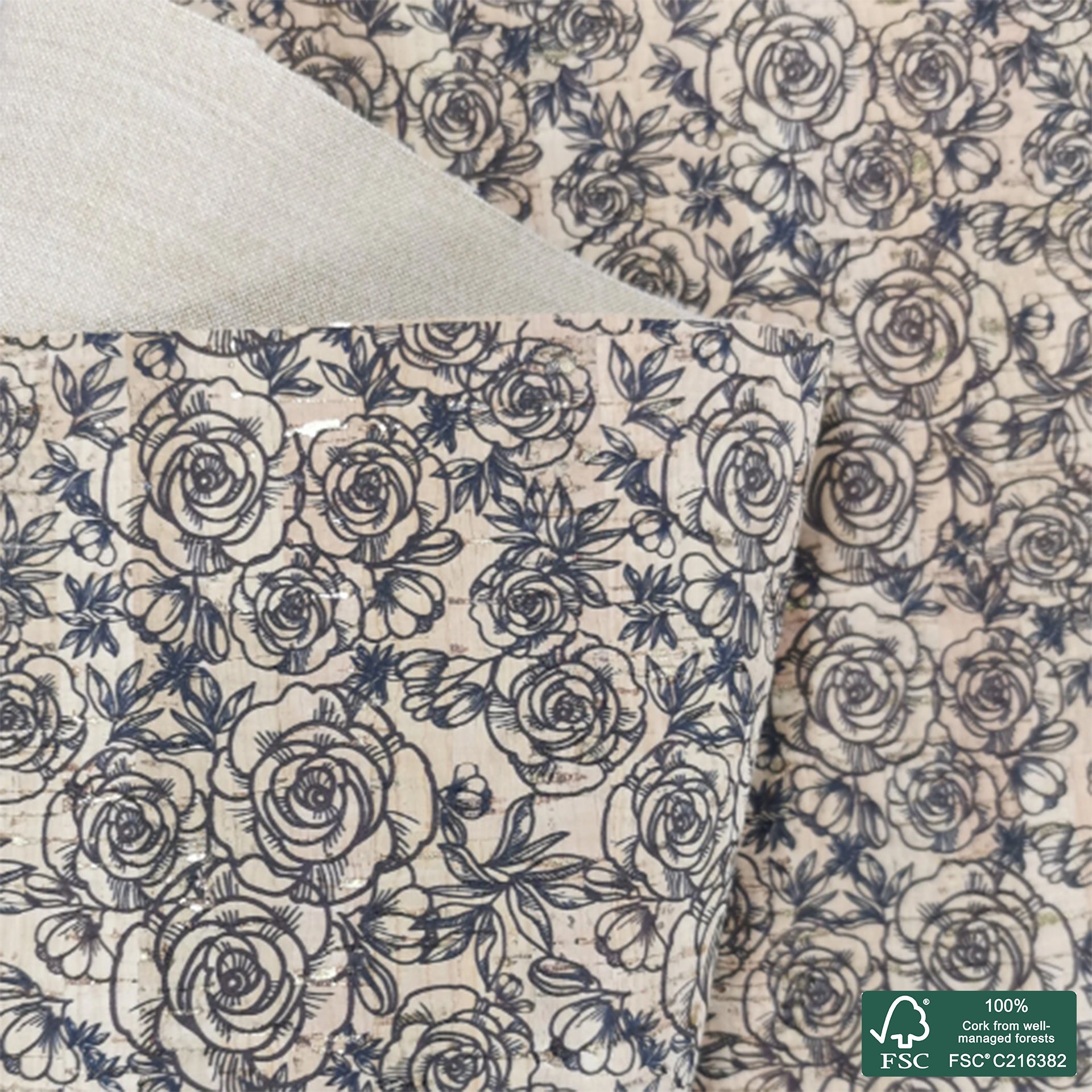 Brown roses printed pattern on natural cork fabric with golden flecks (123)
