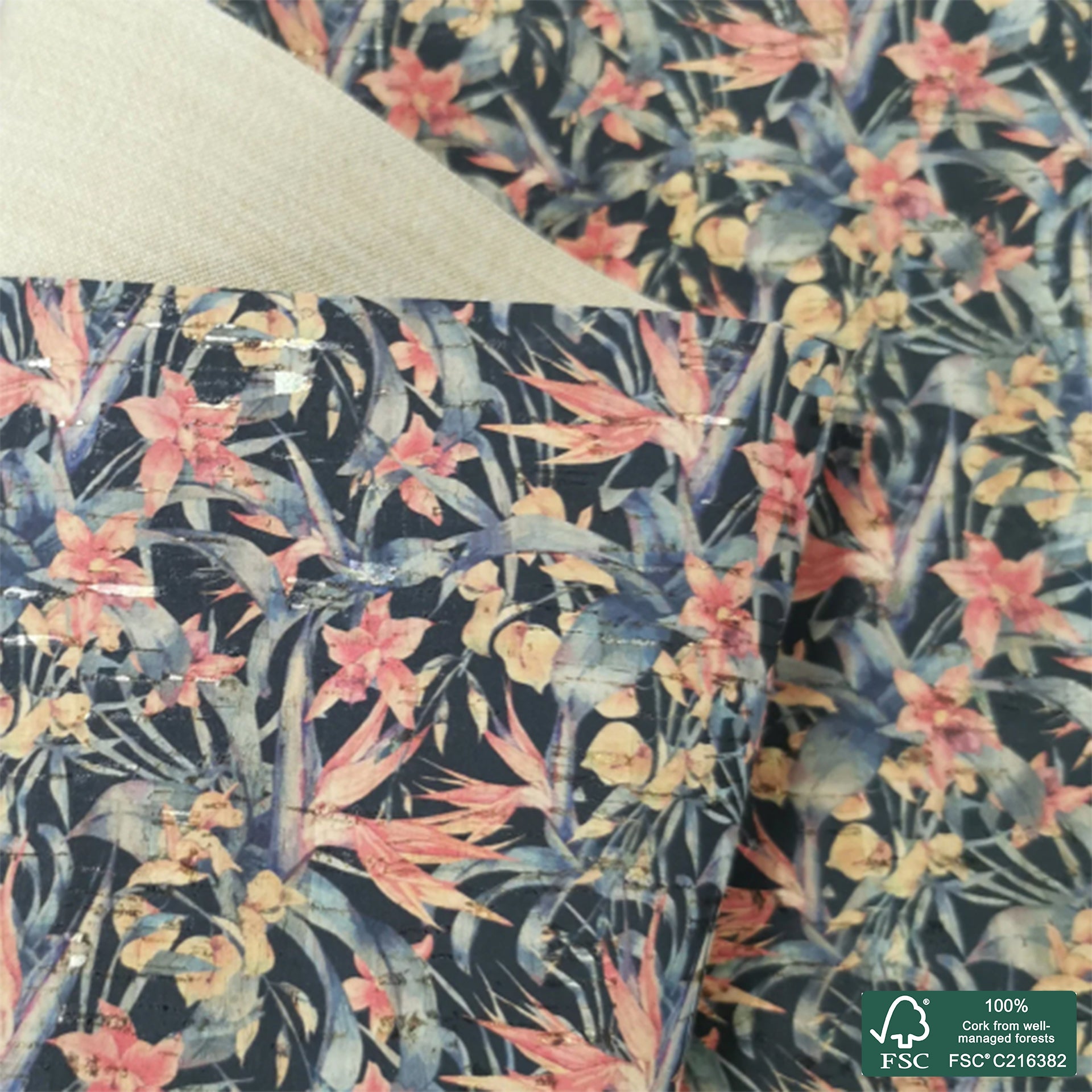 Bird of paradise plant printed pattern on natural cork fabric with golden flecks (125)