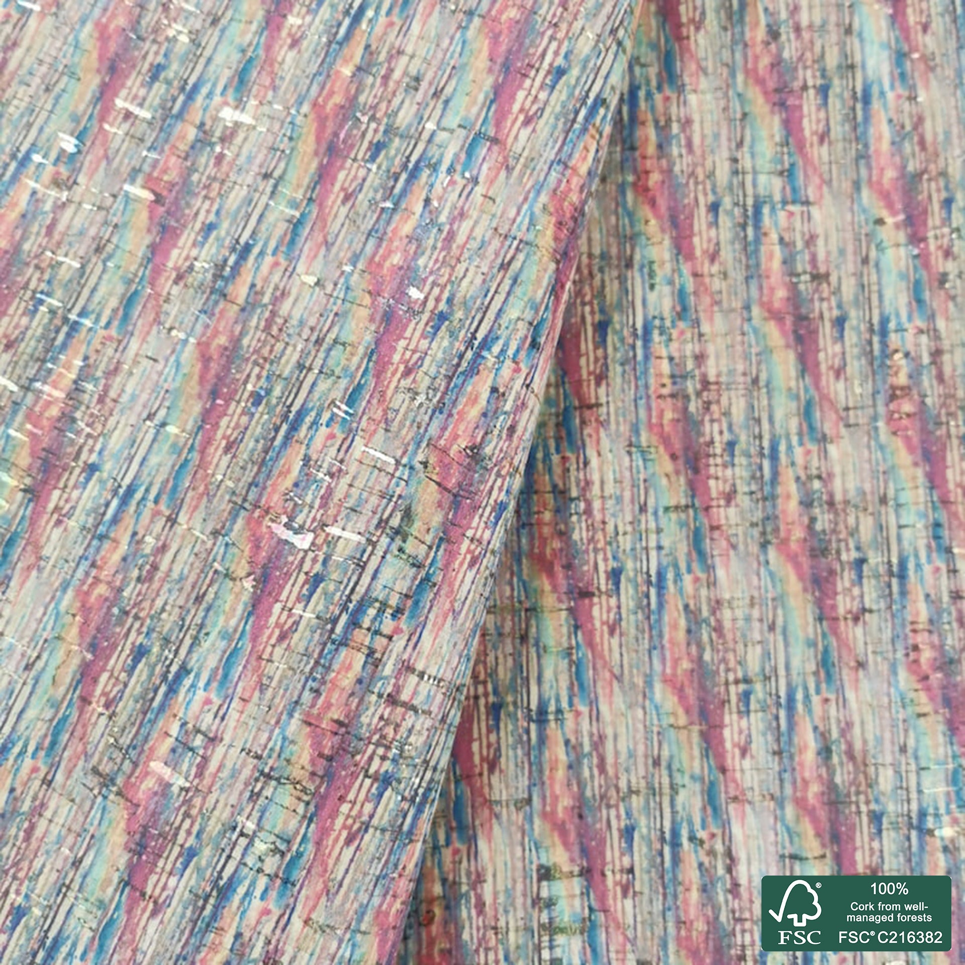 Plaid printed pattern on natural cork fabric with golden flecks (136)