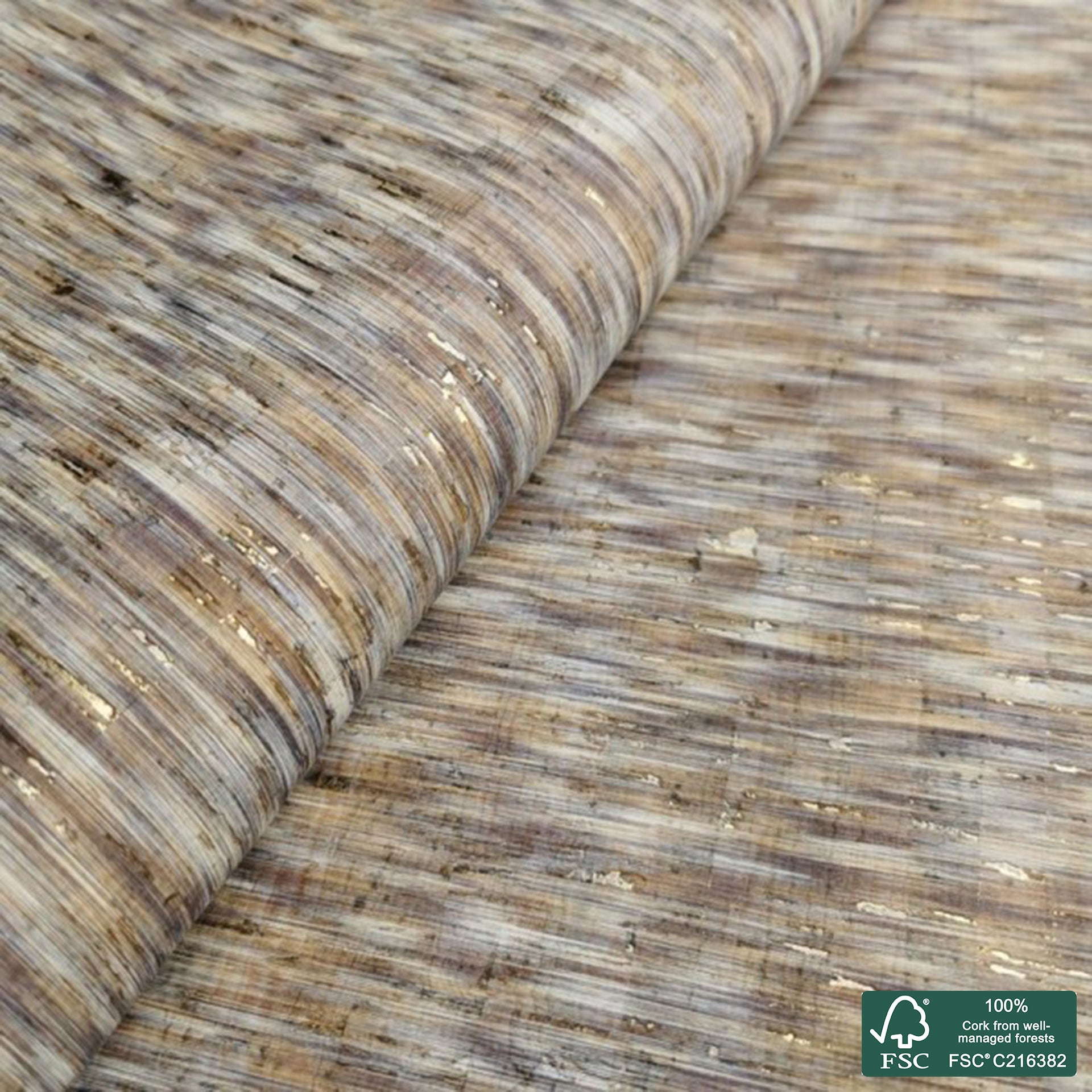 Jeans printed pattern on natural cork fabric with golden flecks (181)