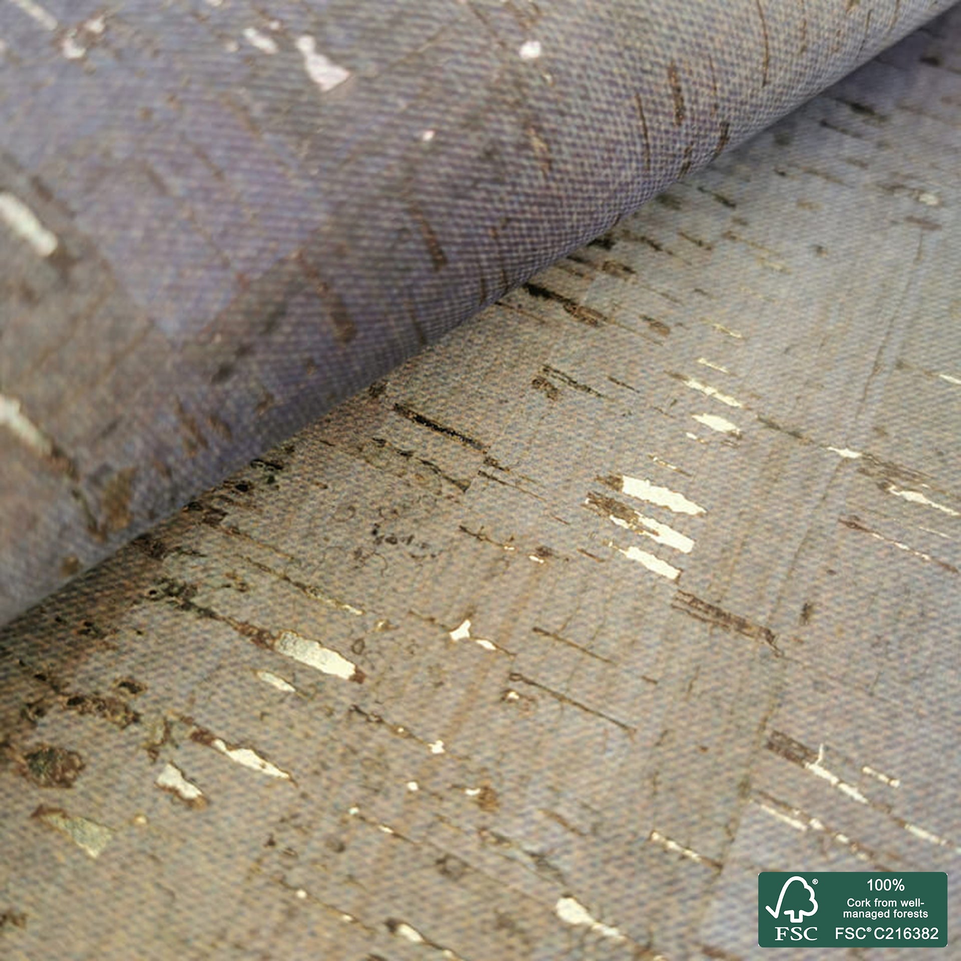 Jeans printed pattern on natural cork fabric with golden flecks (487)