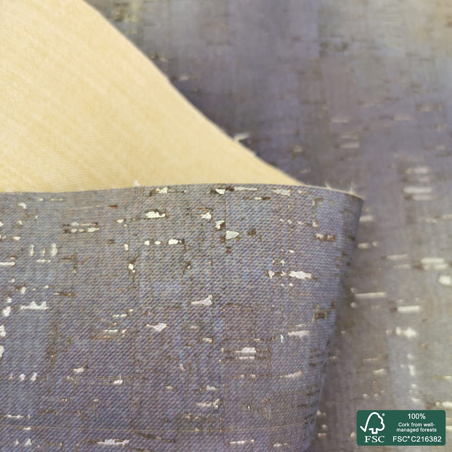 Jeans printed pattern on natural cork fabric with golden flecks (487)