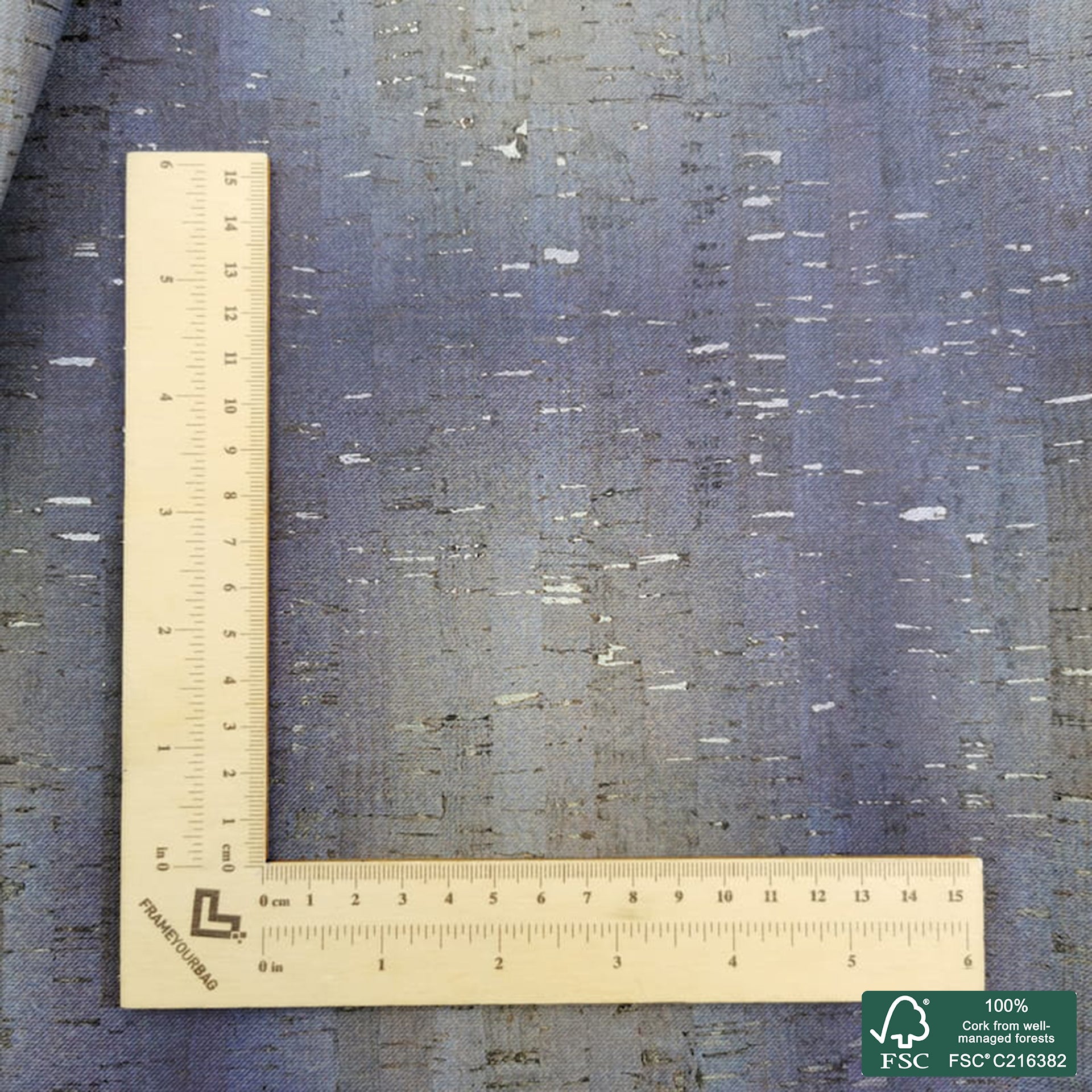 Jeans printed pattern on natural cork fabric with golden flecks (487)