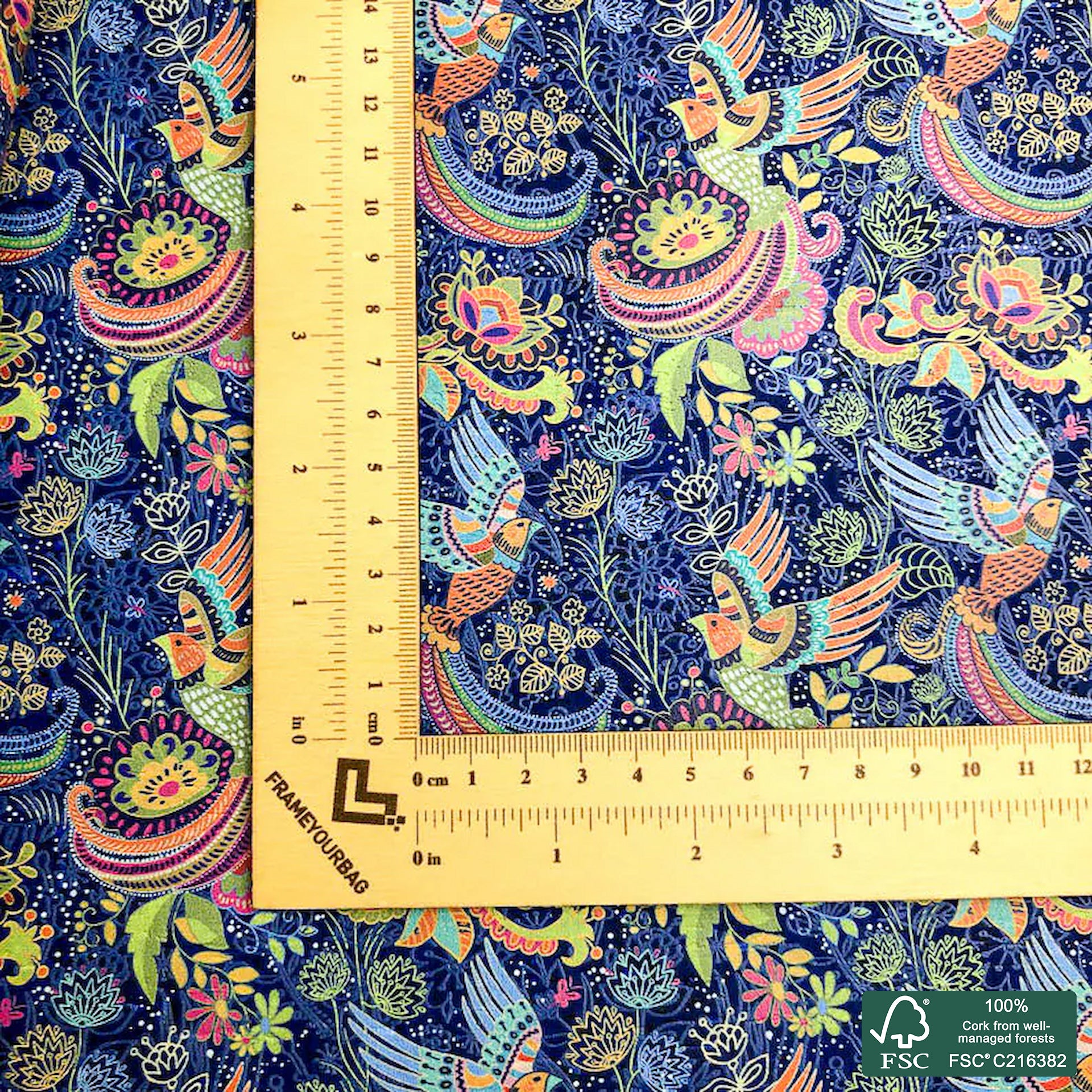Birds and flowers printed pattern on royal blue cork fabric (131)
