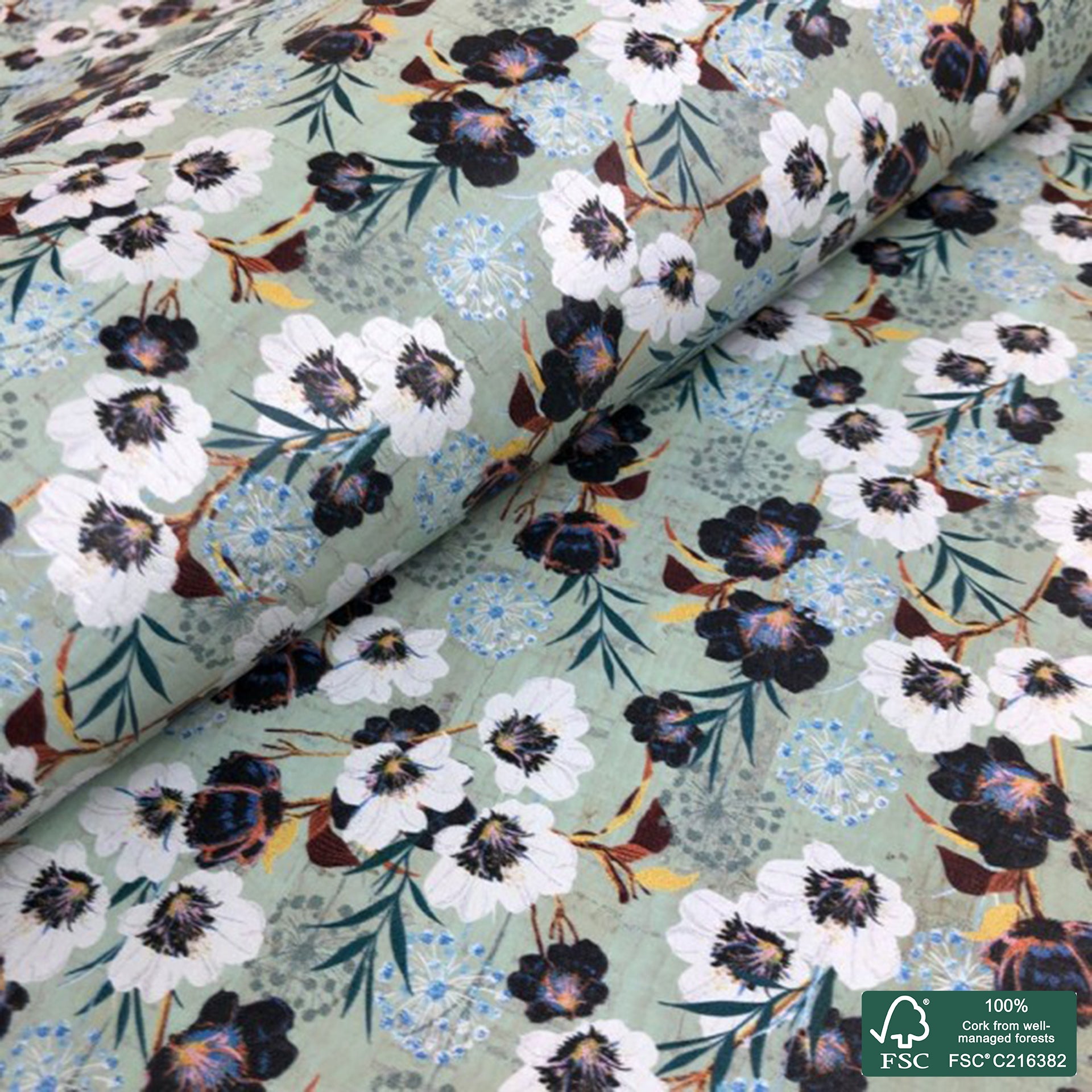 Flowers printed pattern on green aqua cork fabric (155)