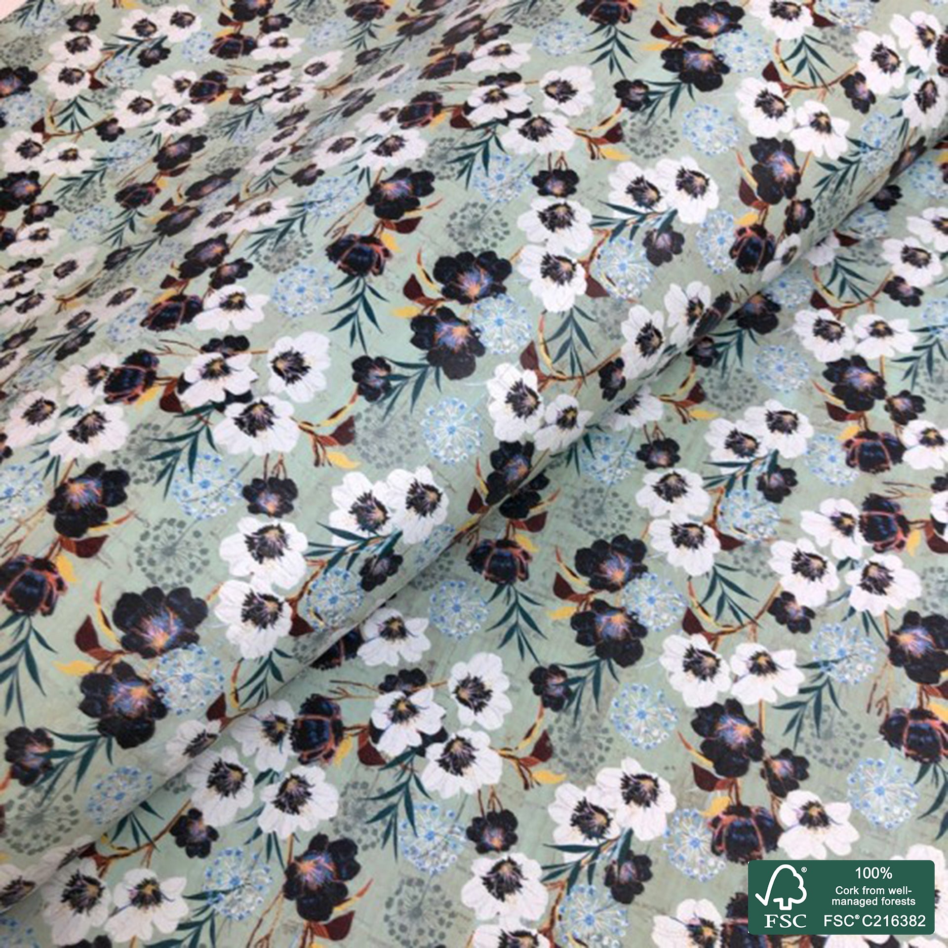 Flowers printed pattern on green aqua cork fabric (155)