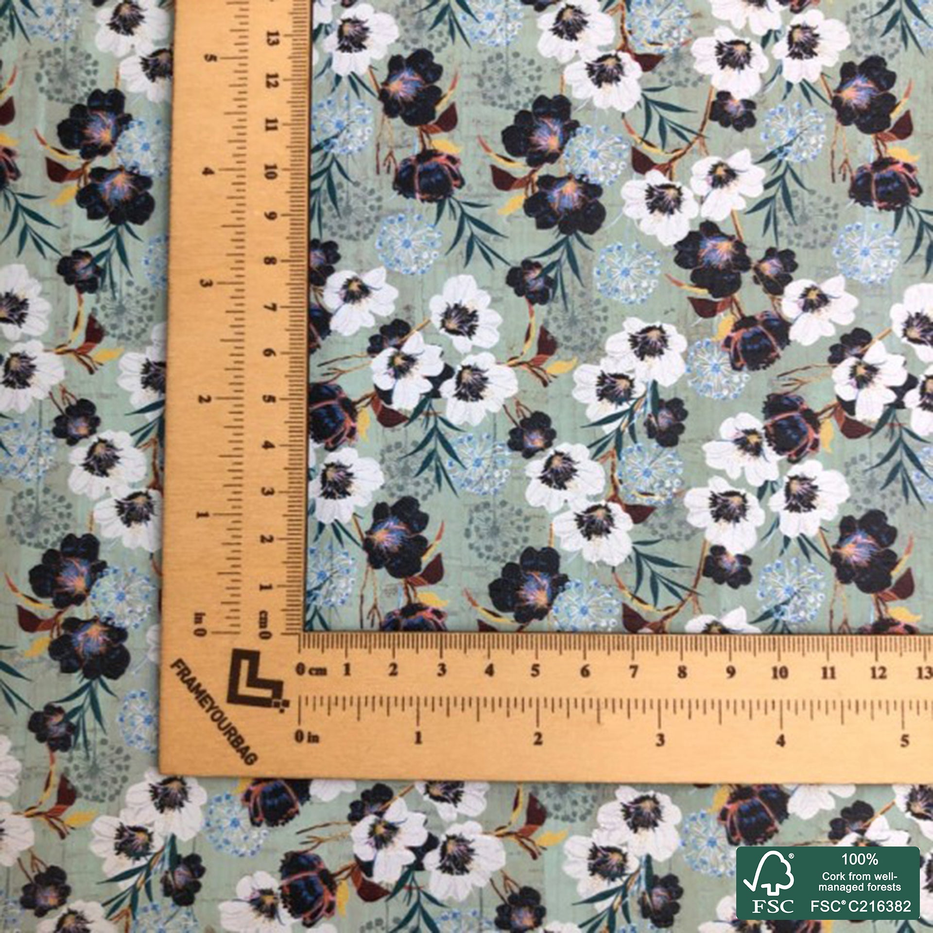 Flowers printed pattern on green aqua cork fabric (155)