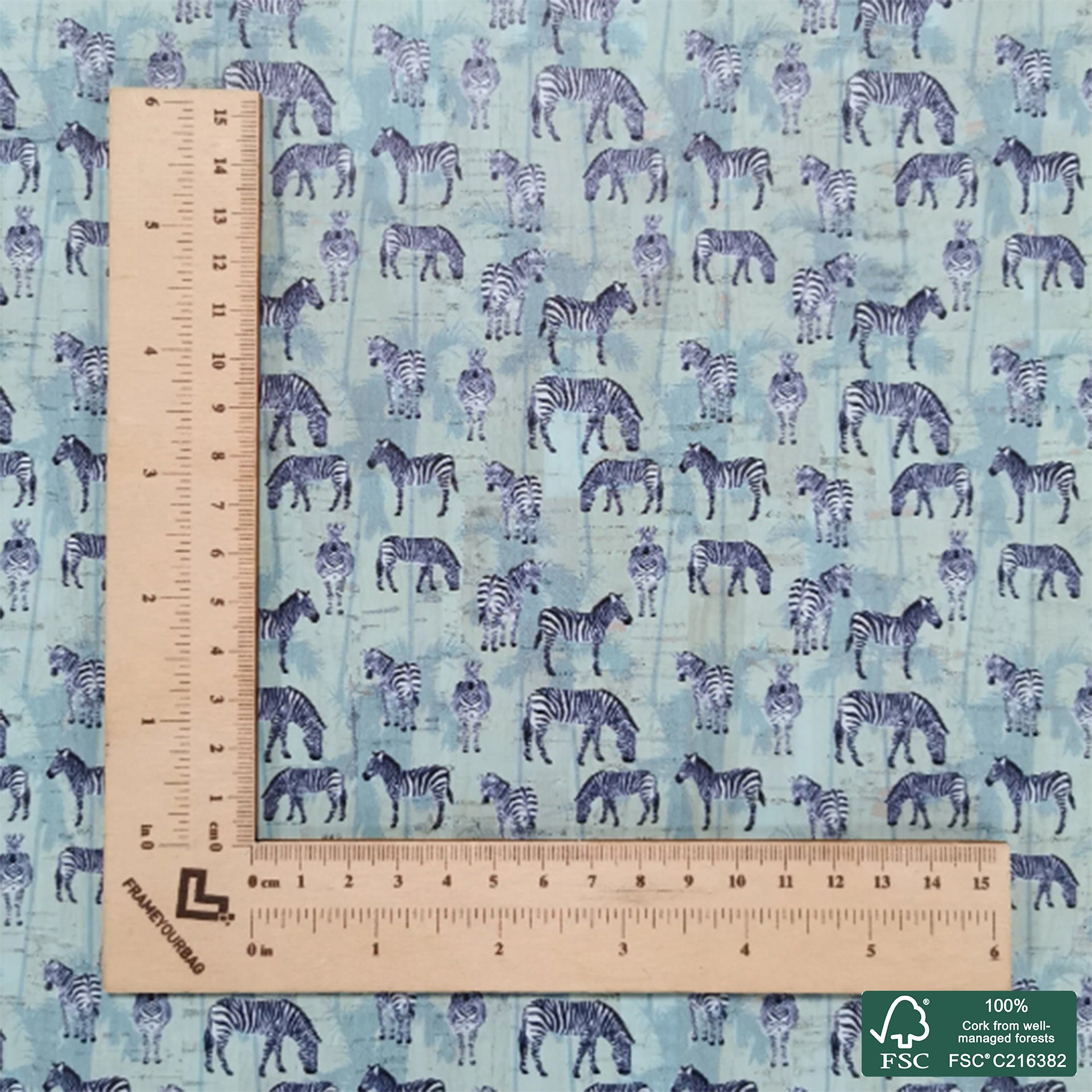 Zebra printed pattern on green aqua cork fabric (168)