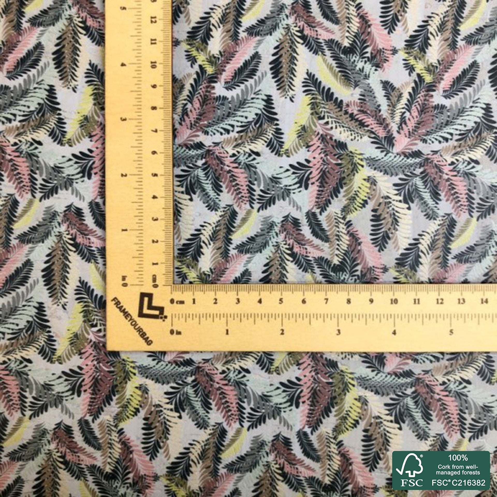 Leaves printed pattern on light gray cork fabric (148)