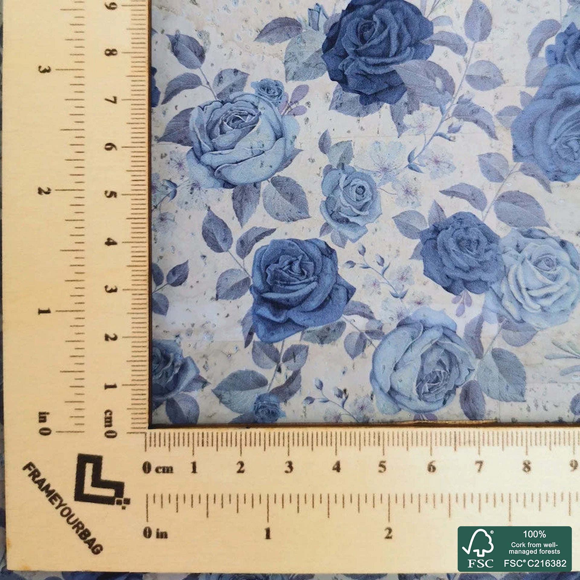 Roses printed pattern on gray cork fabric (304)