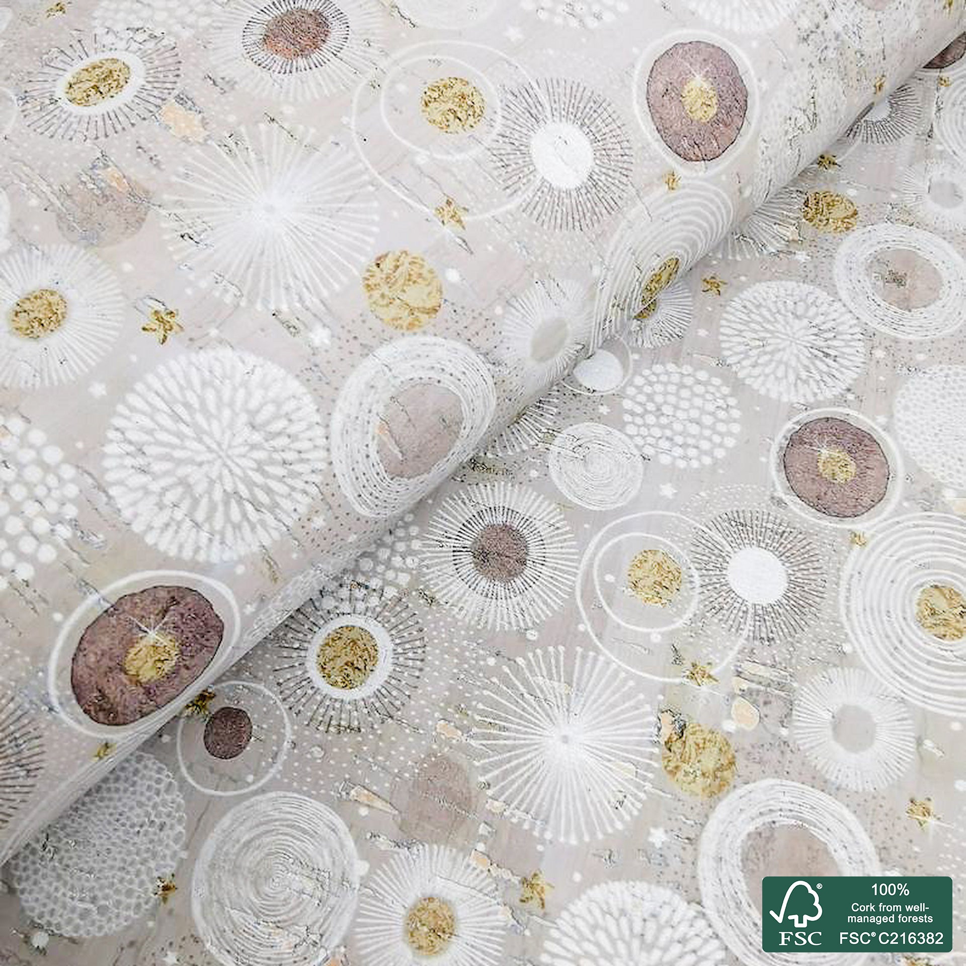 Universe printed pattern on light gray cork fabric (439)