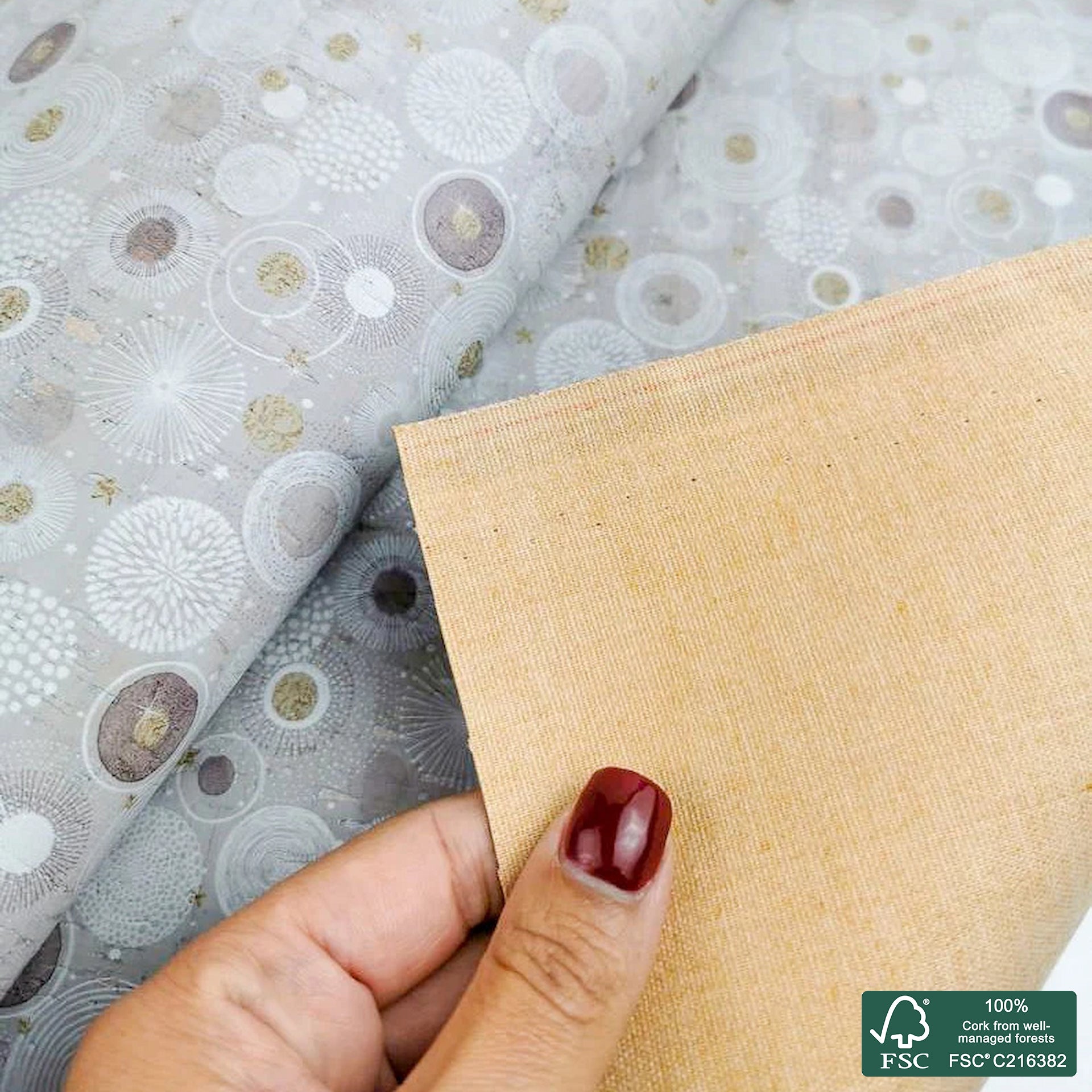 Universe printed pattern on light gray cork fabric (439)