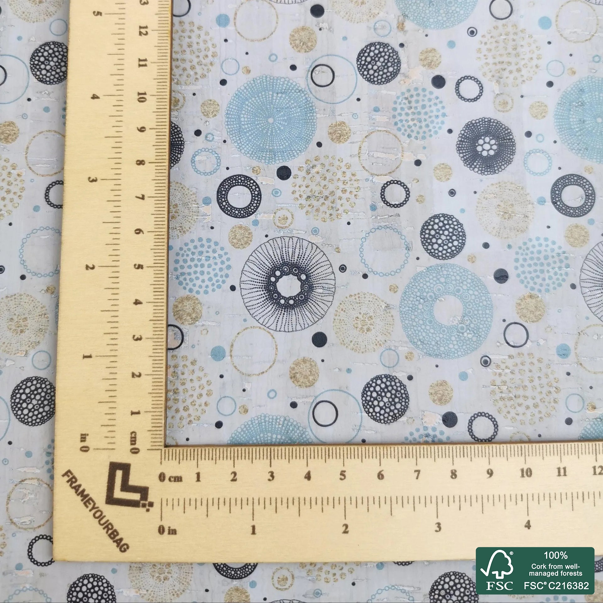 Circles printed pattern on light gray cork fabric (445)