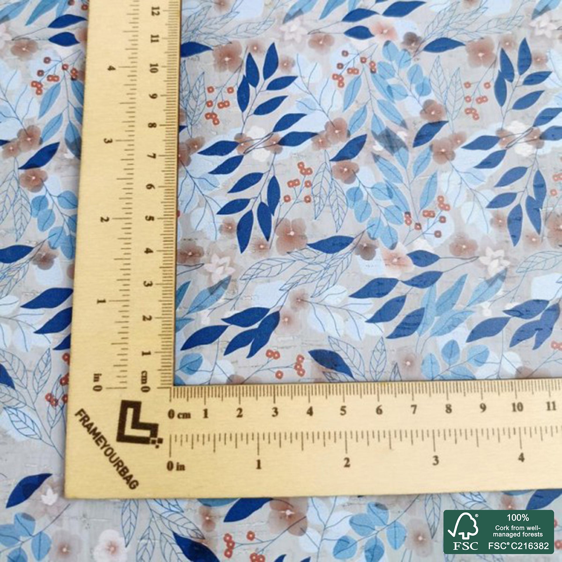 Leaves printed pattern on light gray cork fabric (449)