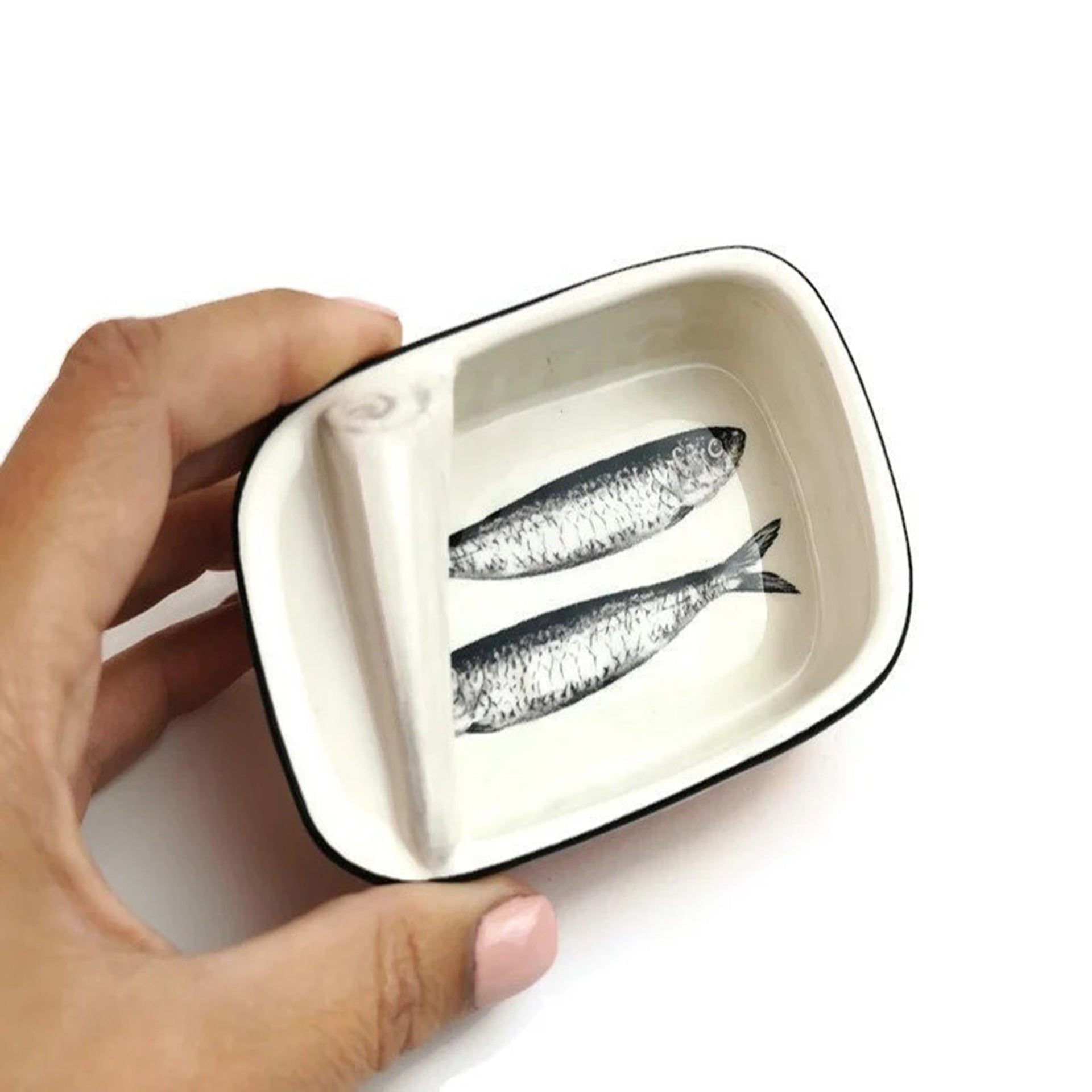 Ceramic can with sardines home decor