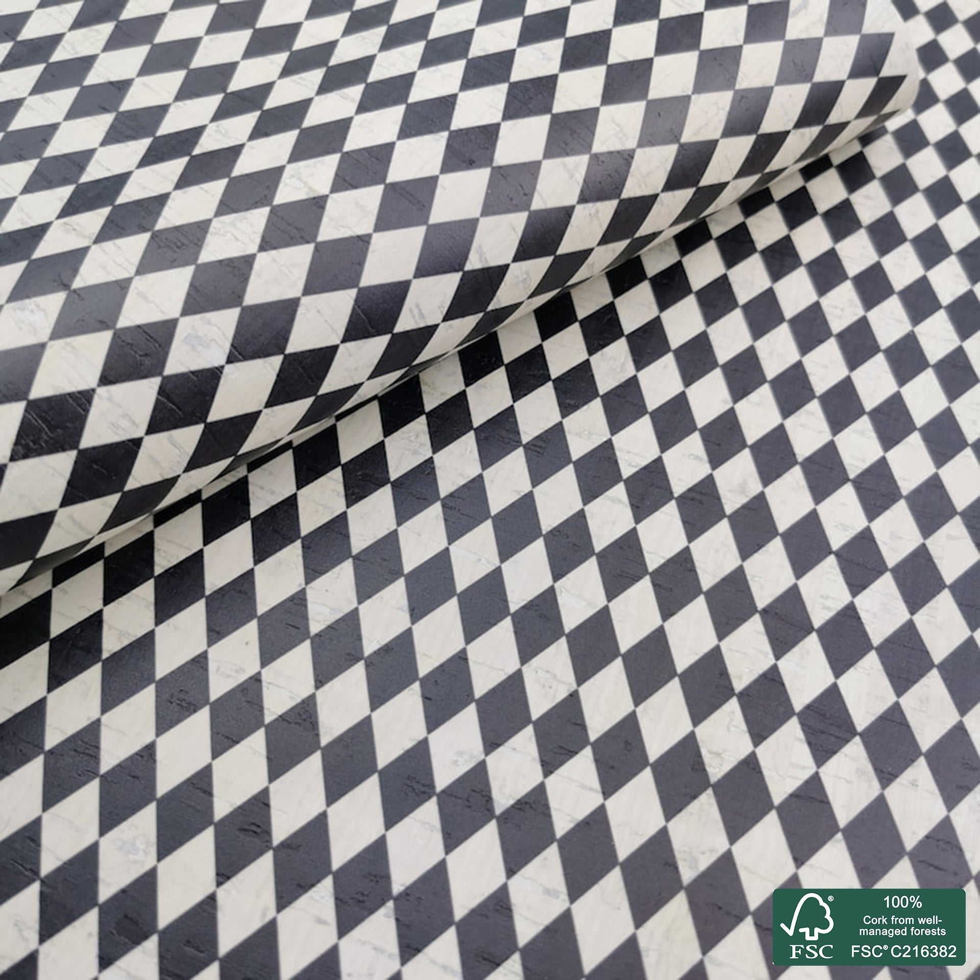 Diamonds printed pattern on white cork fabric (533)