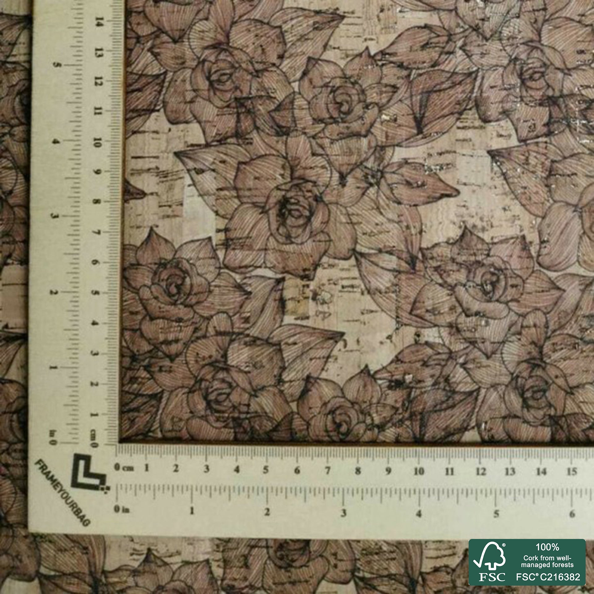 Brown roses printed pattern on natural cork fabric with golden flecks