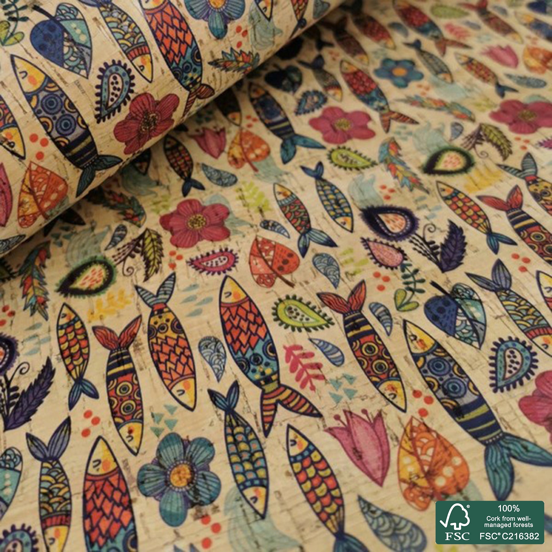 Sardines printed pattern on natural cork fabric (90)