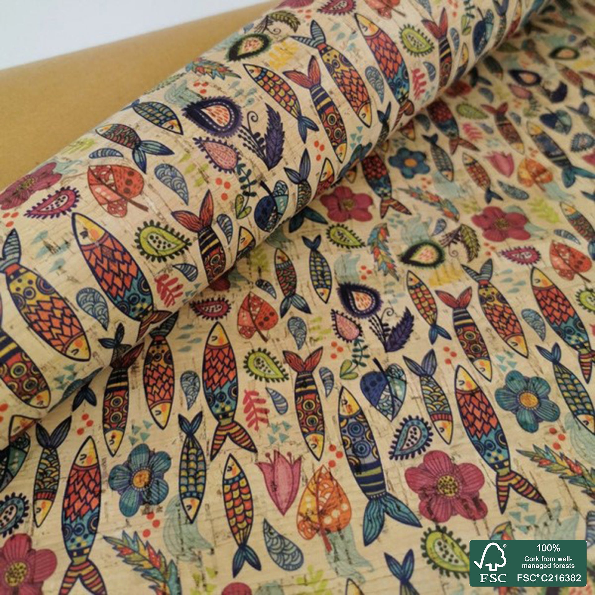 Sardines printed pattern on natural cork fabric (90)