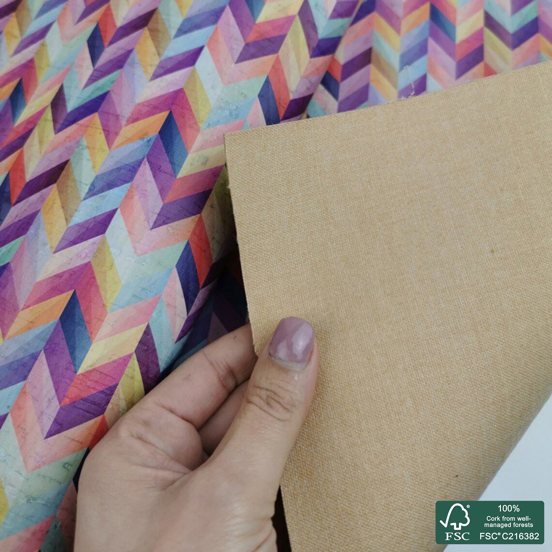 Chevron printed pattern on white cork fabric (264)