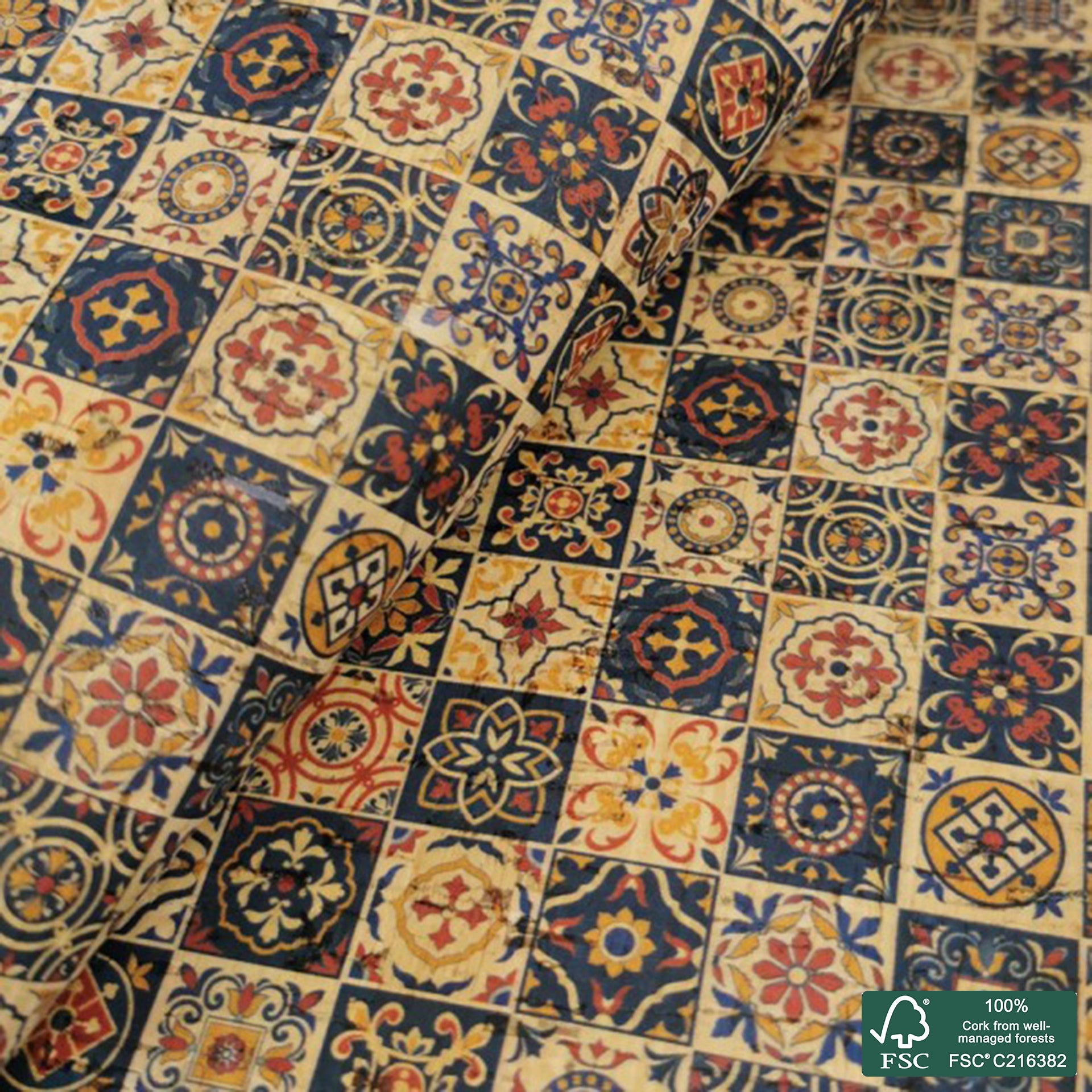 Tiles printed pattern on natural cork fabric (79)
