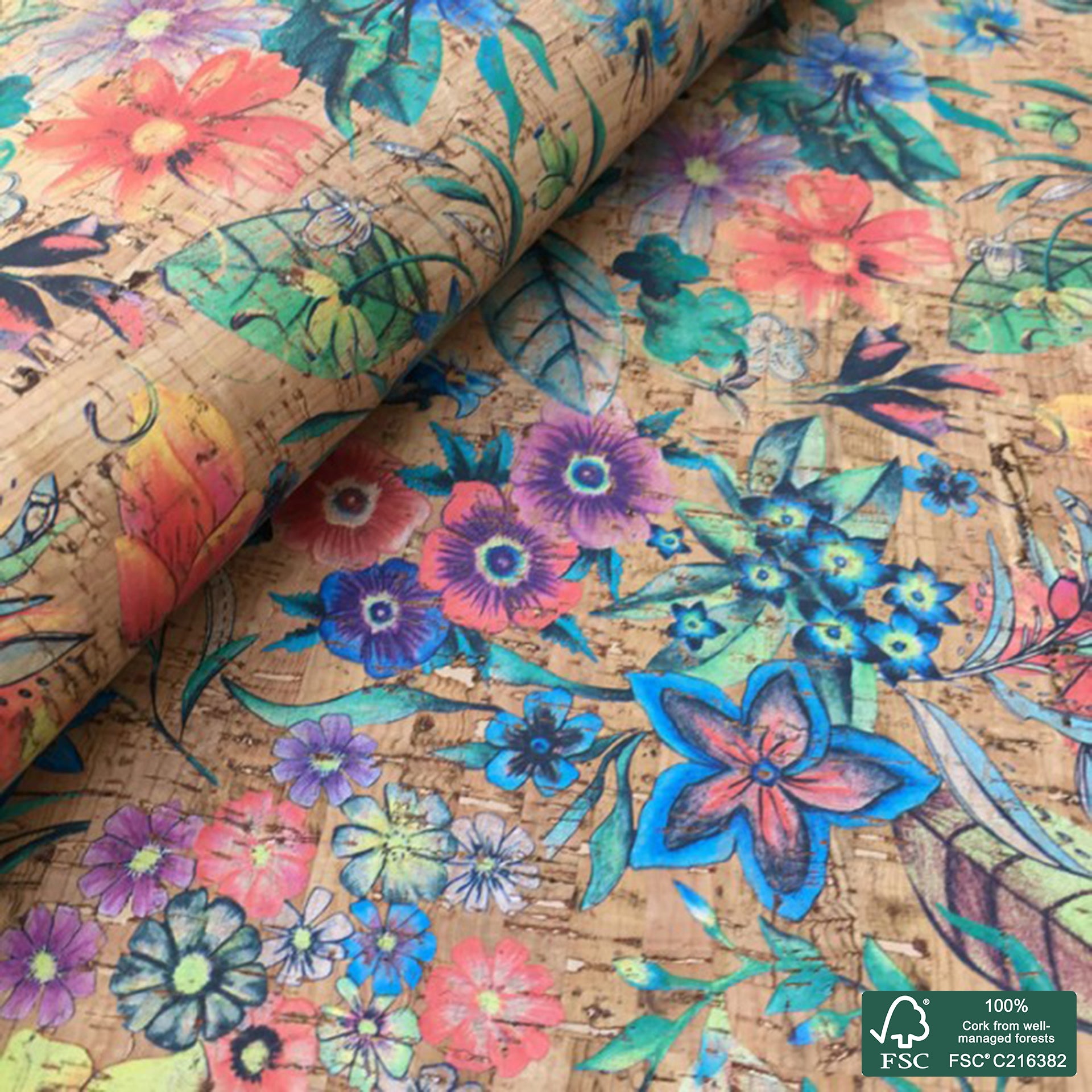 Tropical sublimated pattern on natural rustic cork fabric SMA433