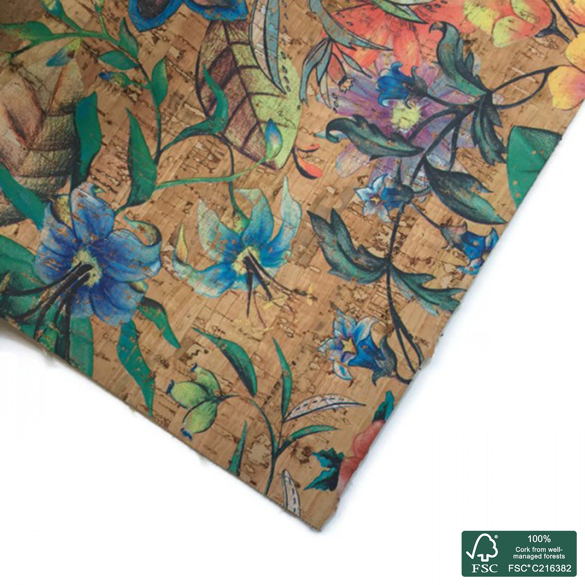 Tropical sublimated pattern on natural rustic cork fabric SMA433