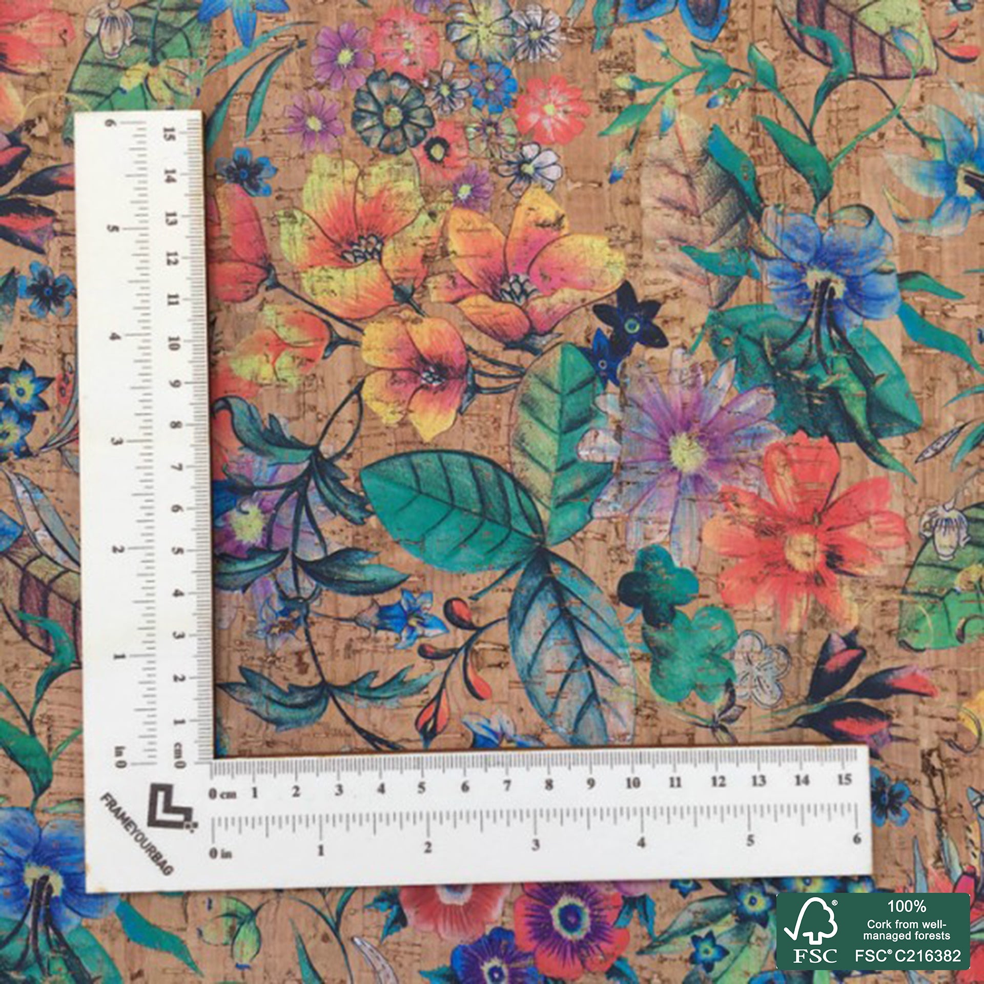 Tropical sublimated pattern on natural rustic cork fabric SMA433