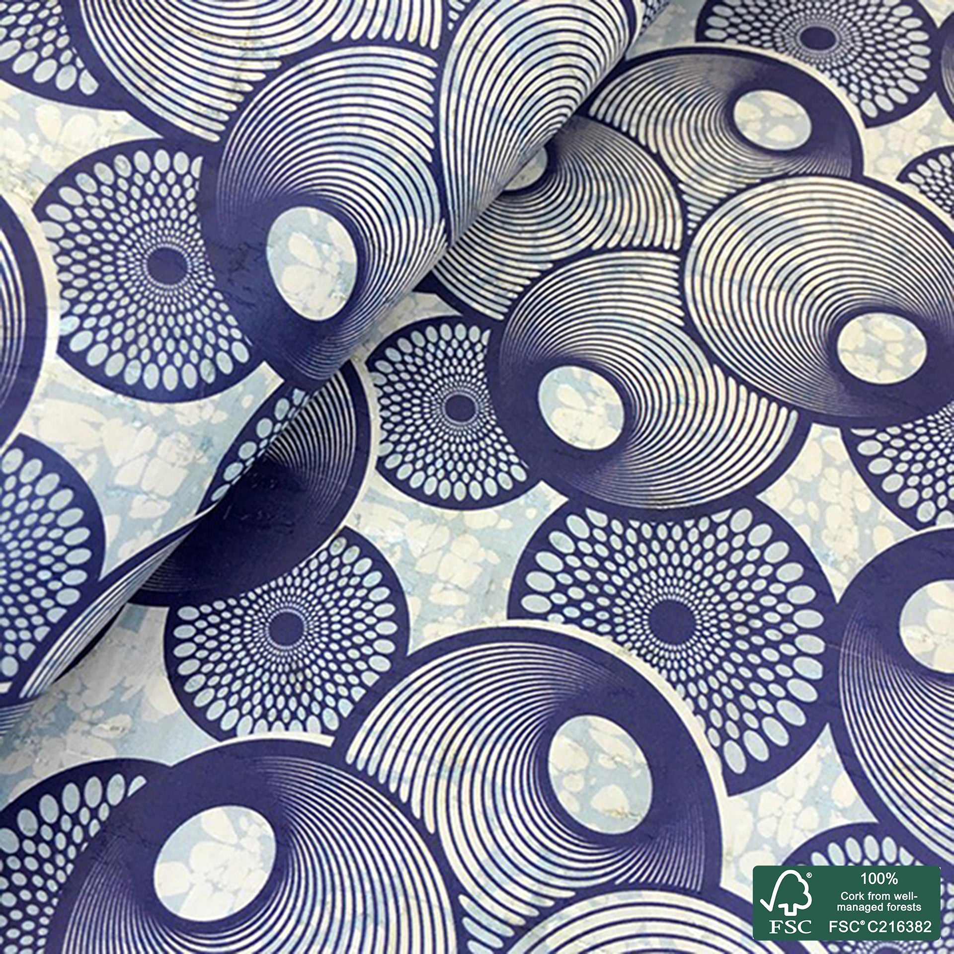 Abstract printed pattern on white cork fabric (404)