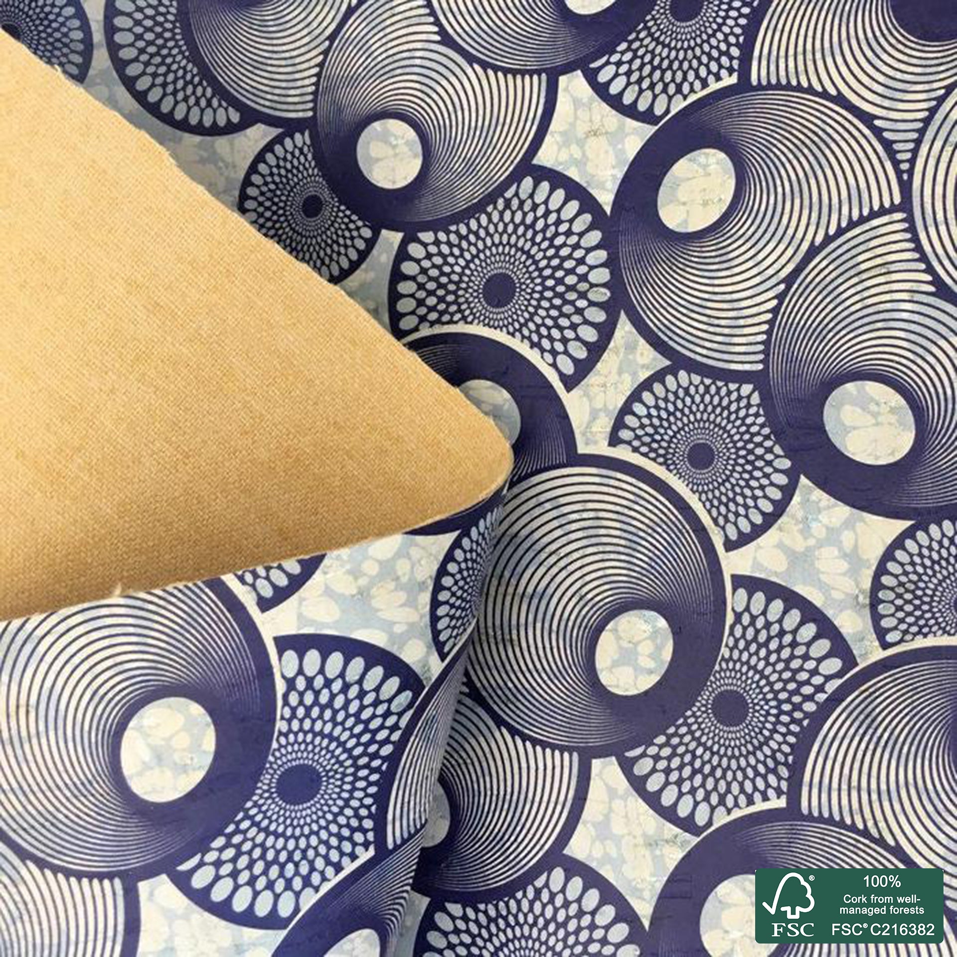 Abstract printed pattern on white cork fabric (404)