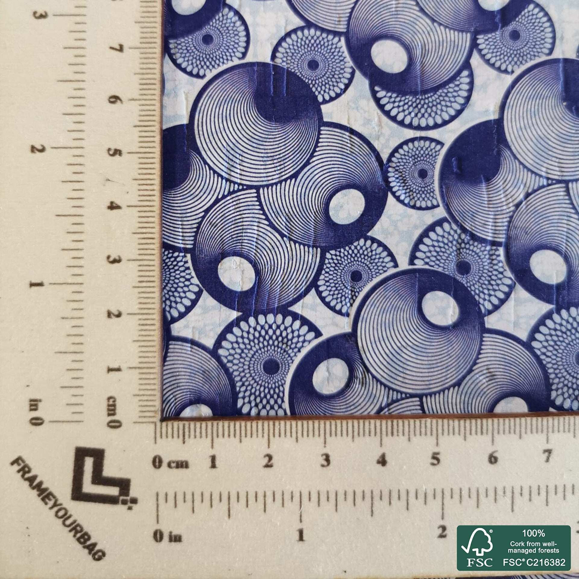 Abstract printed pattern on white cork fabric (404)