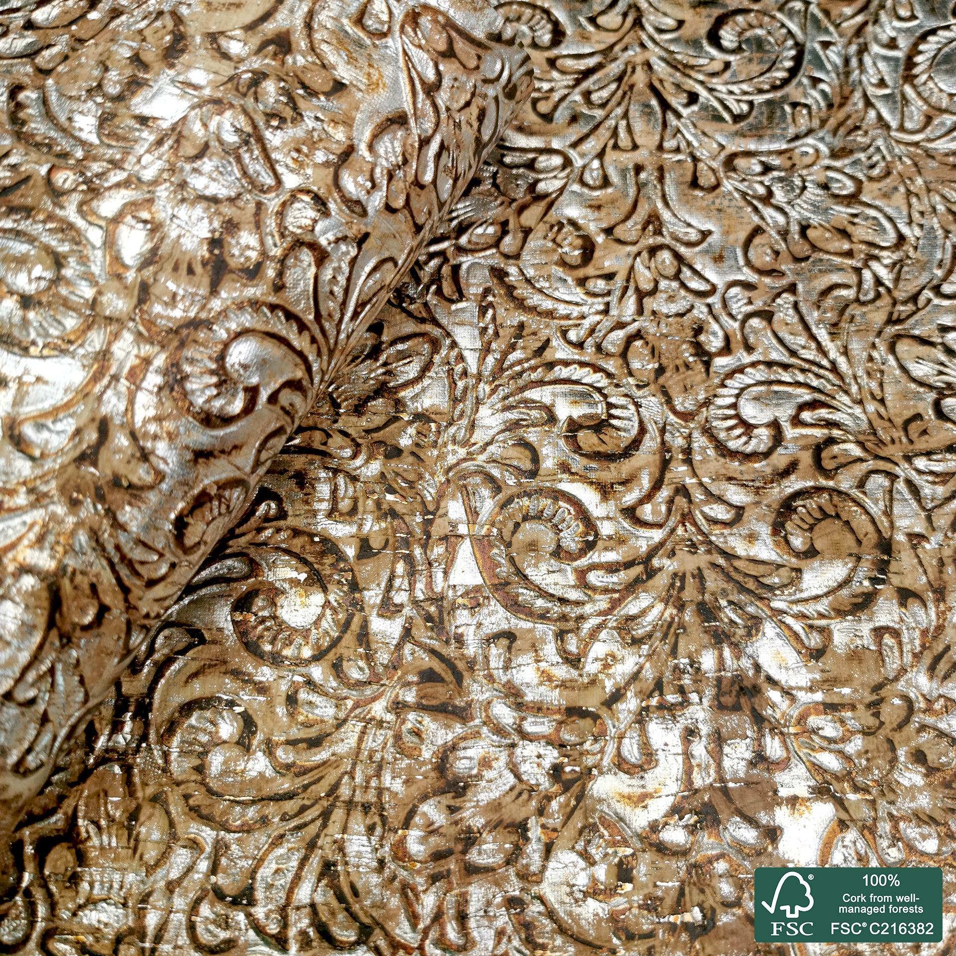 Baroque embossed with silver shinning rustic cork fabric