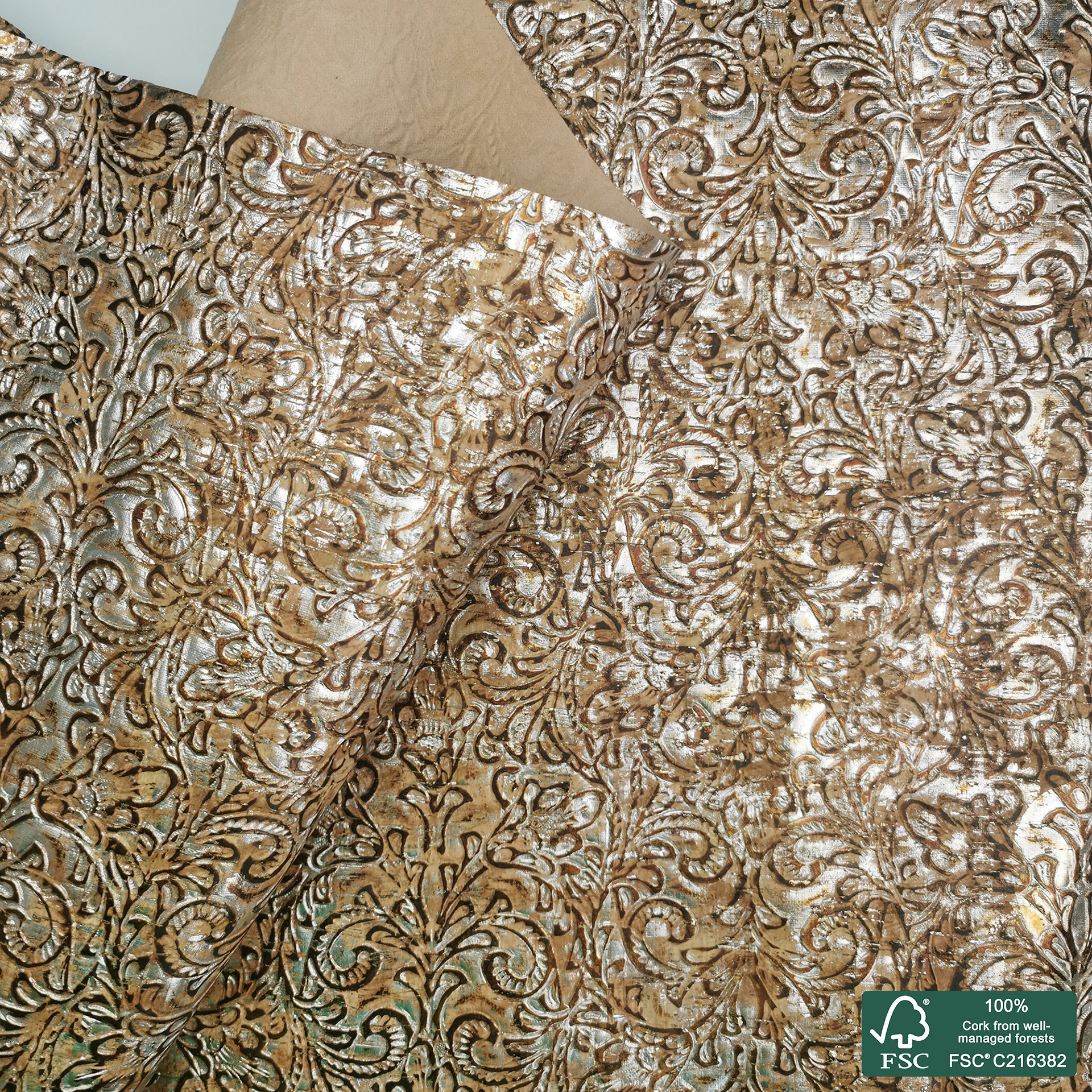 Baroque embossed with silver shinning rustic cork fabric