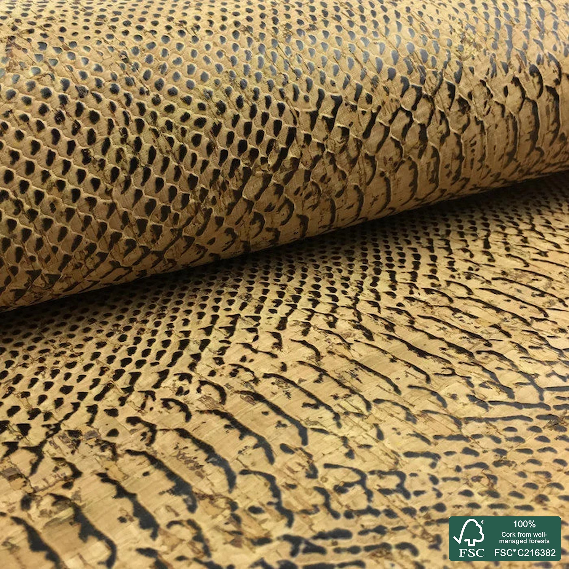 Piton embossed on natural rustic cork fabric
