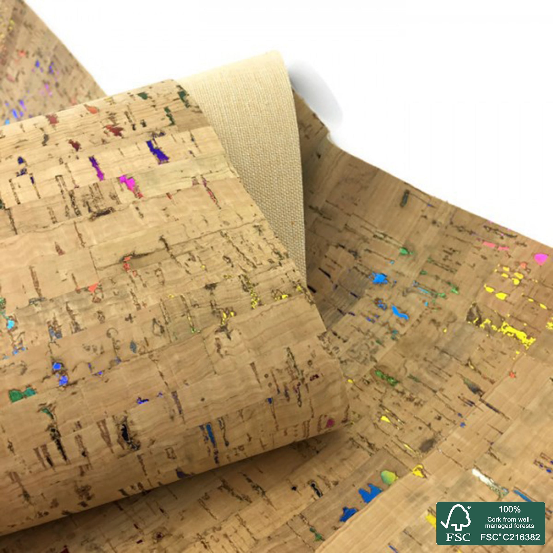 Natural rustic with rainbow flecks cork fabric