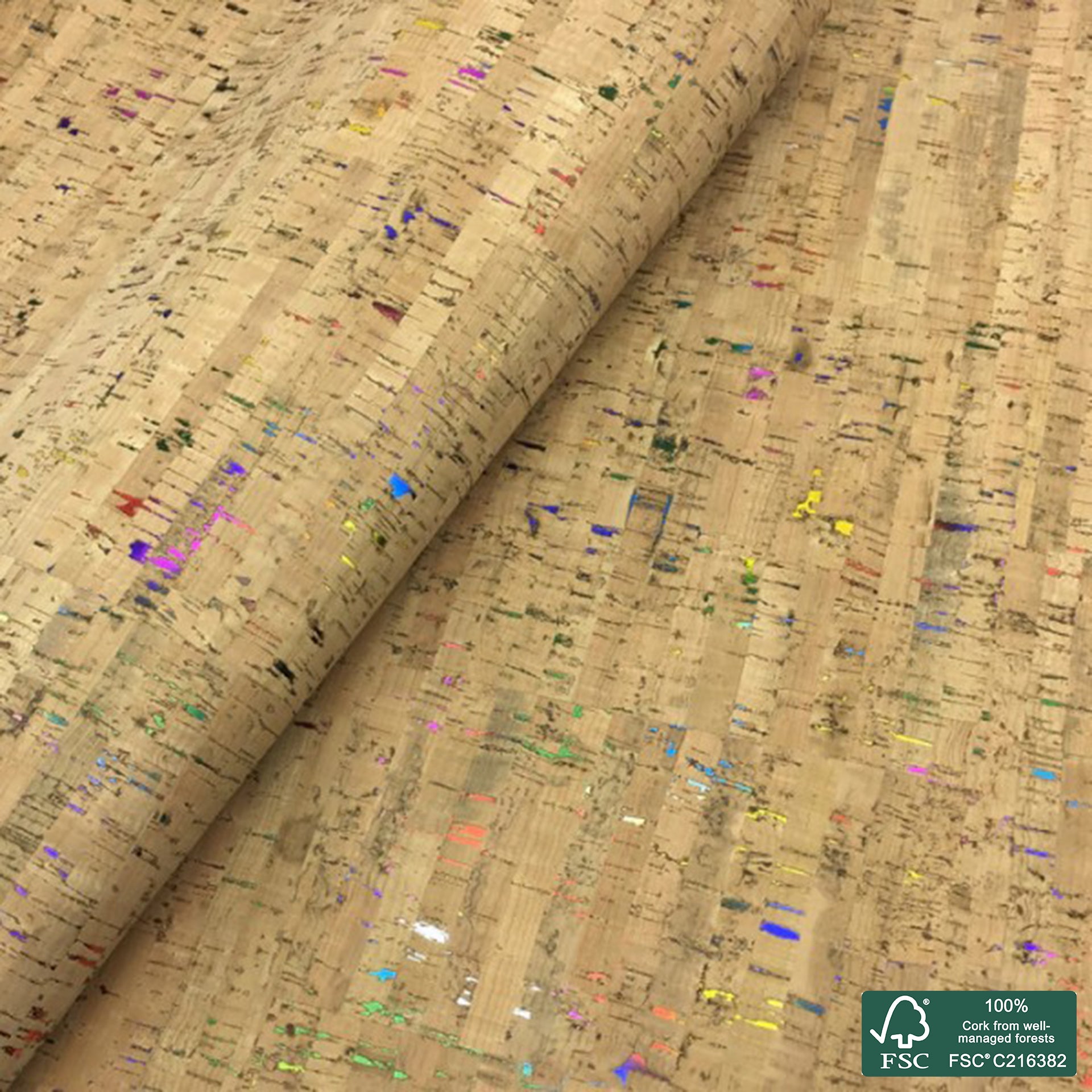 Natural rustic with rainbow flecks cork fabric