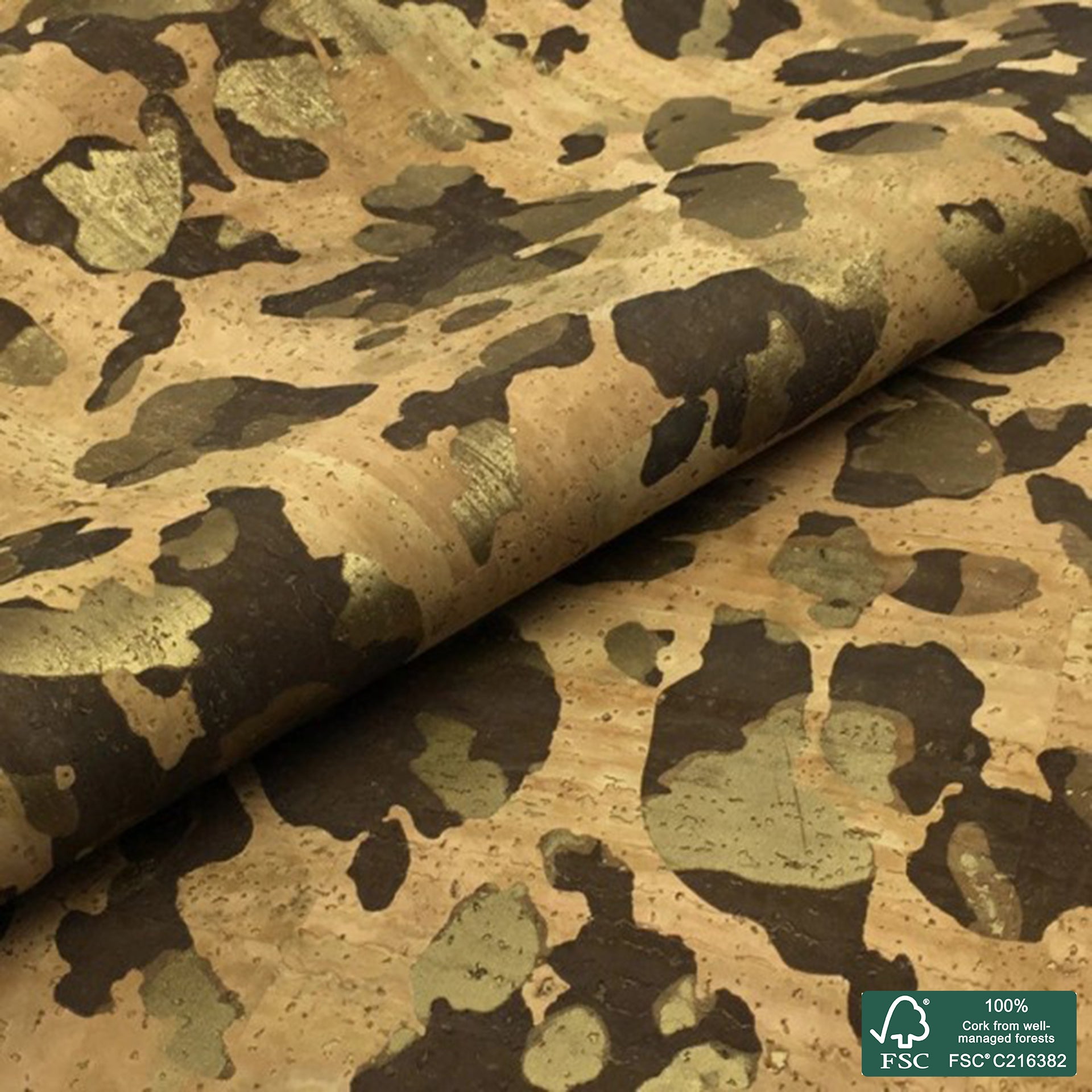 Camouflage with golden sublimated pattern on natural superior cork fabric