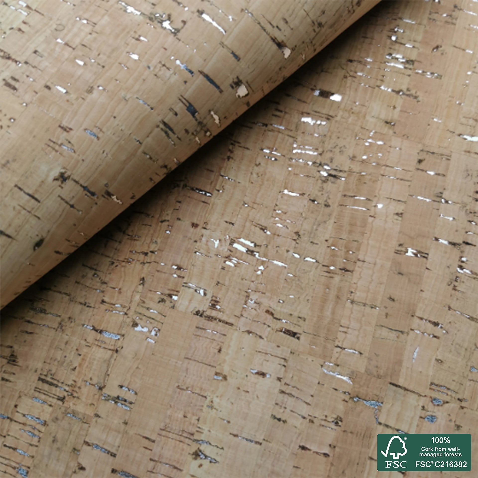 Natural rustic with silver flecks cork fabric