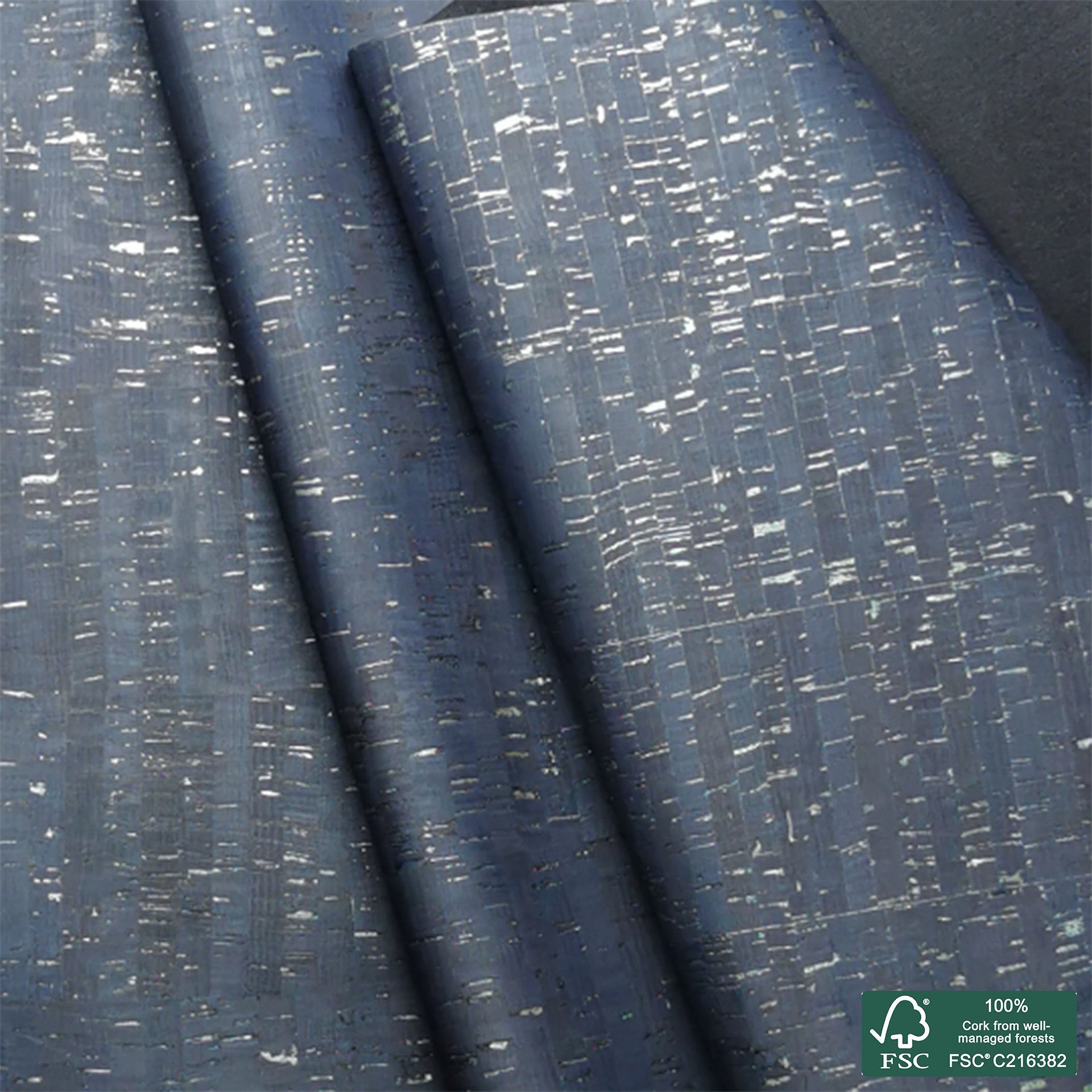 Navy blue rustic with silver flecks cork fabric