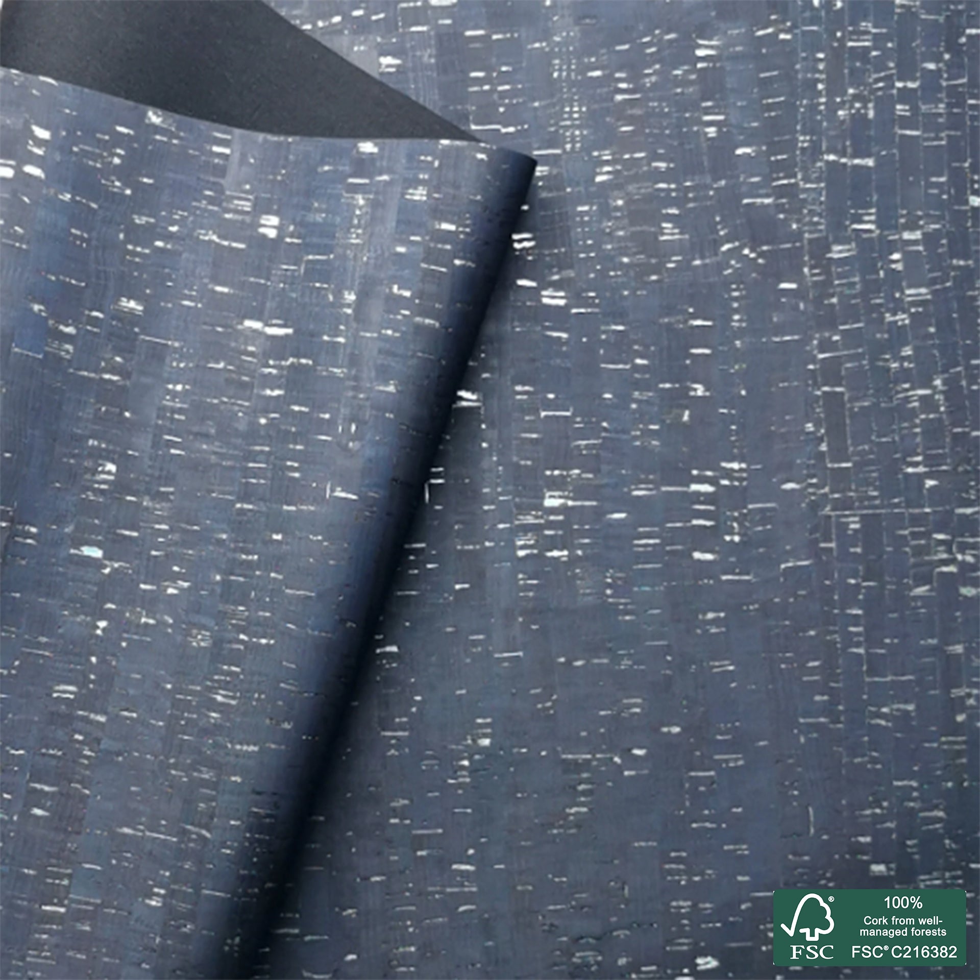 Navy blue rustic with silver flecks cork fabric