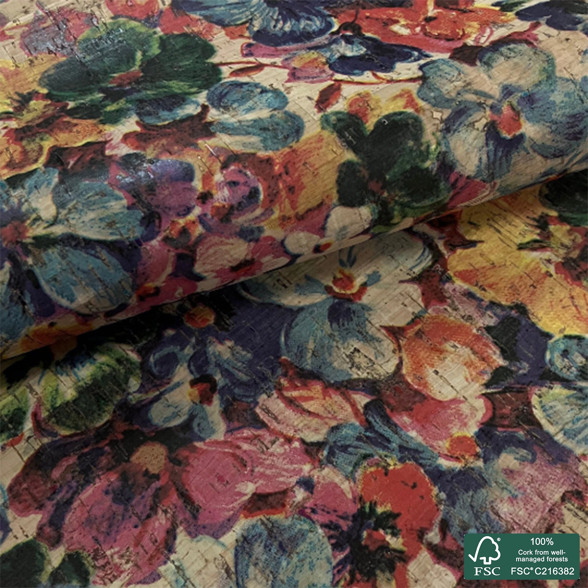 Big flowers sublimated pattern on natural rustic cork fabric