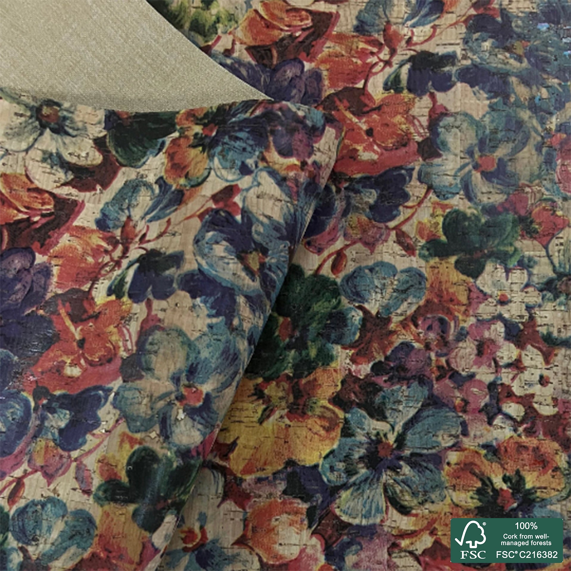 Big flowers sublimated pattern on natural rustic cork fabric