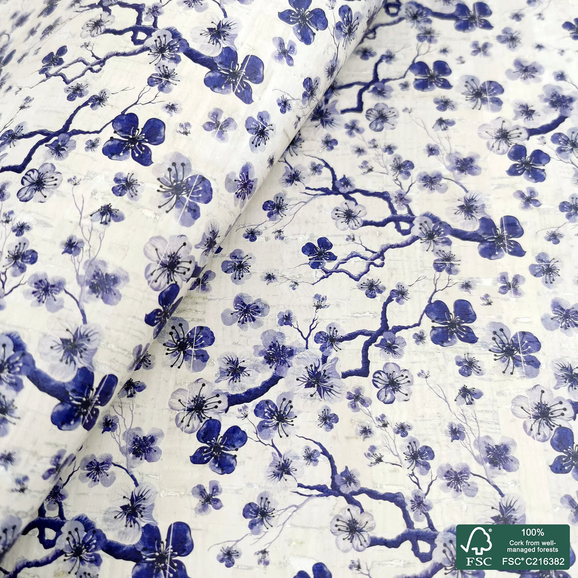 Blue flowers printed pattern on white cork fabric (416)