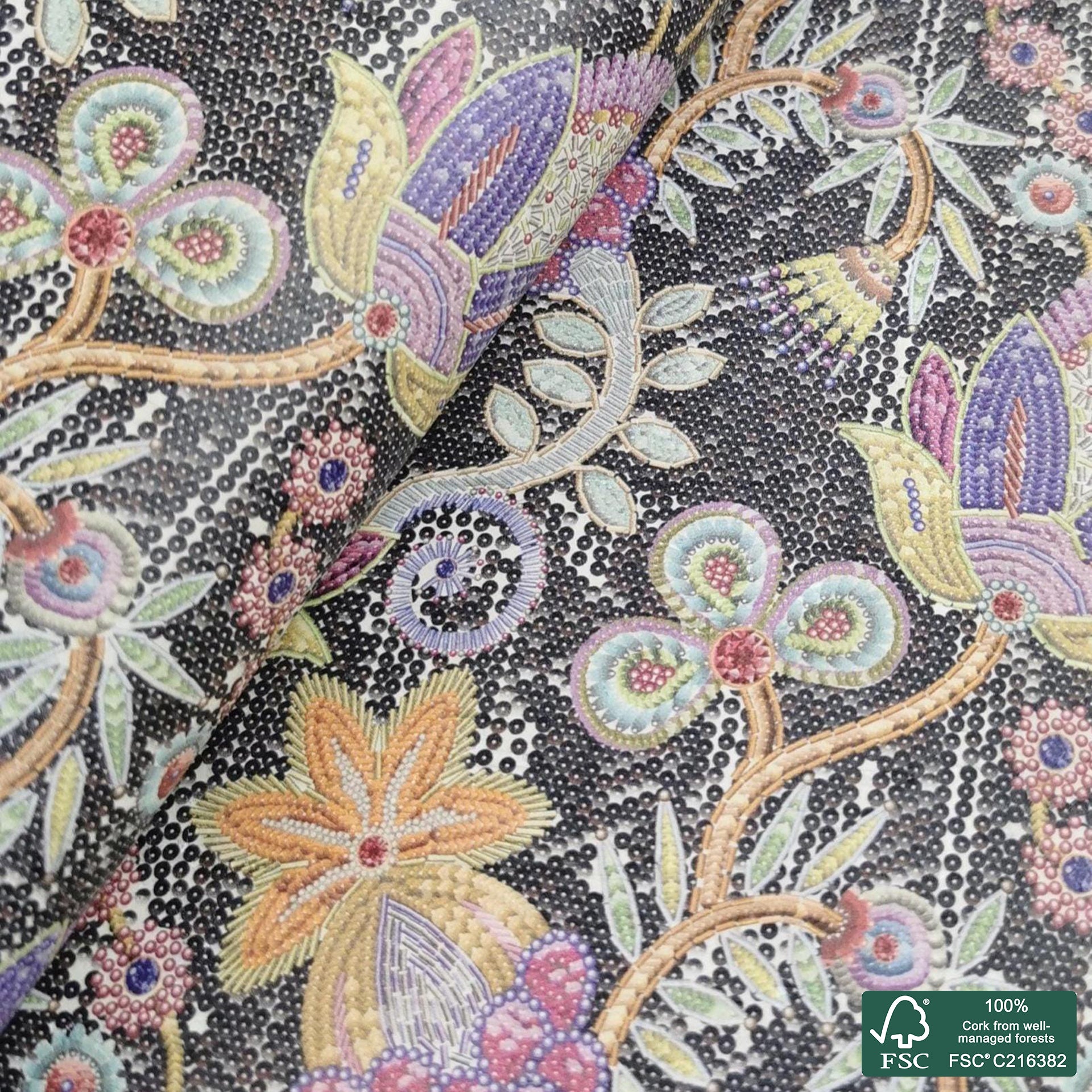 Flowers printed pattern on white cork fabric (423)