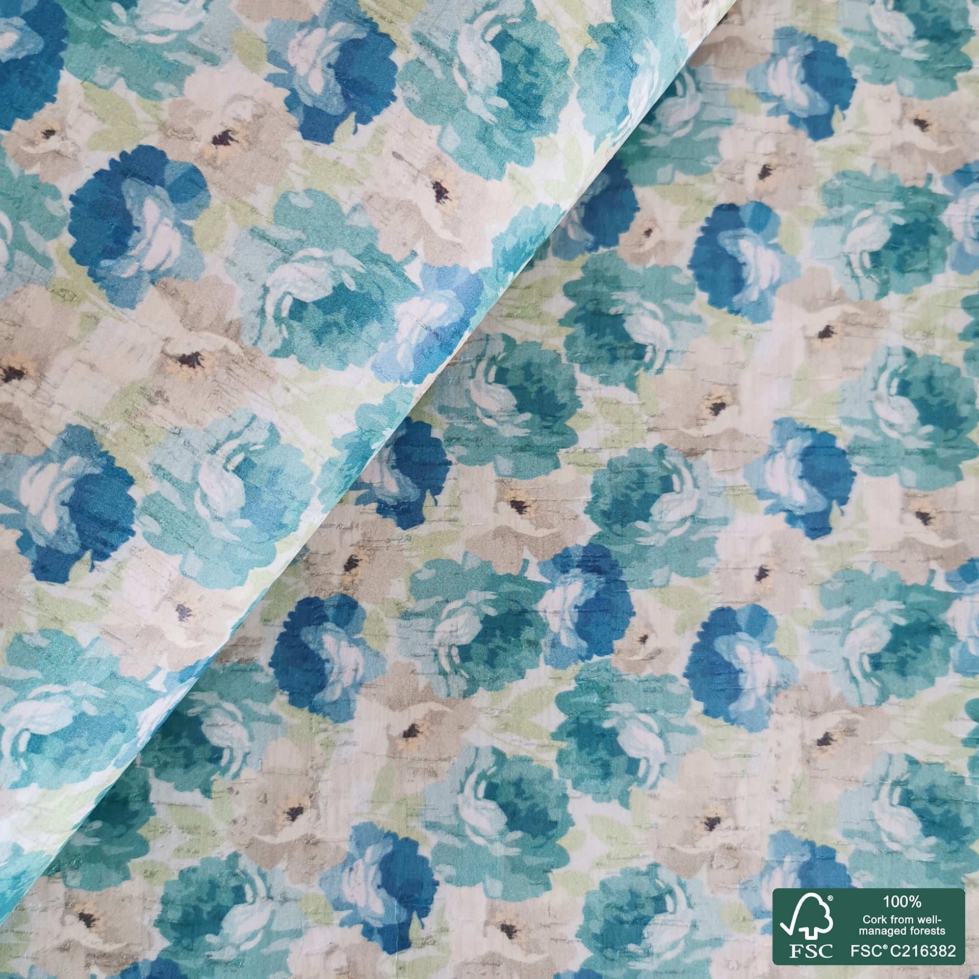 Green and blue flowers printed pattern on white cork fabric (476)